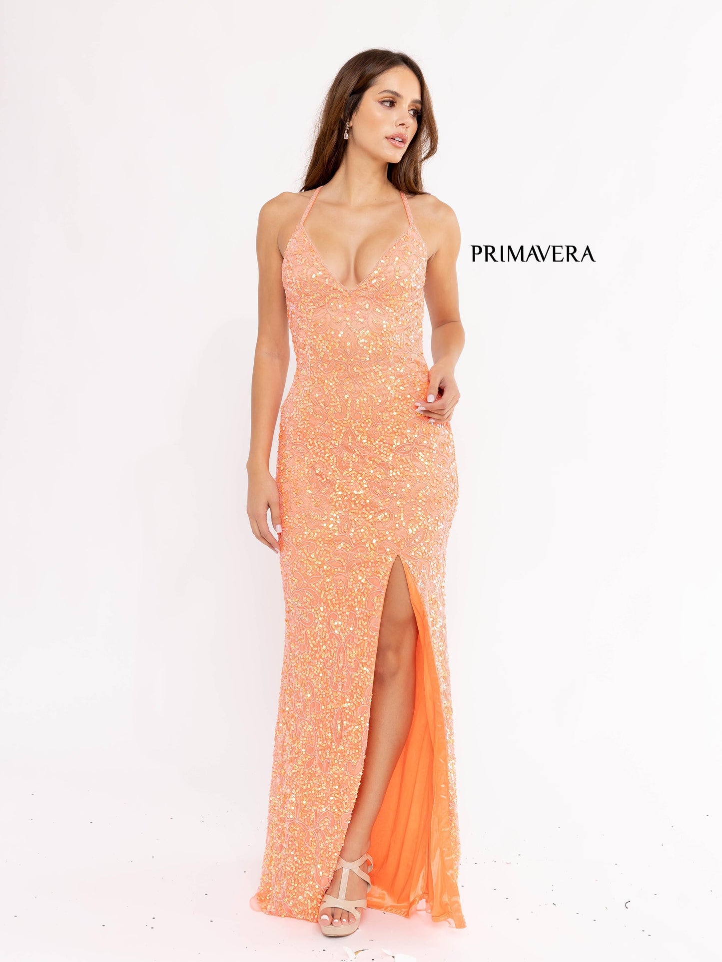 Primavera Couture 3295 Size 000 , 0  Neon Pink Prom Dress V Neckline Sequins Backless Slit Formal Evening Gown