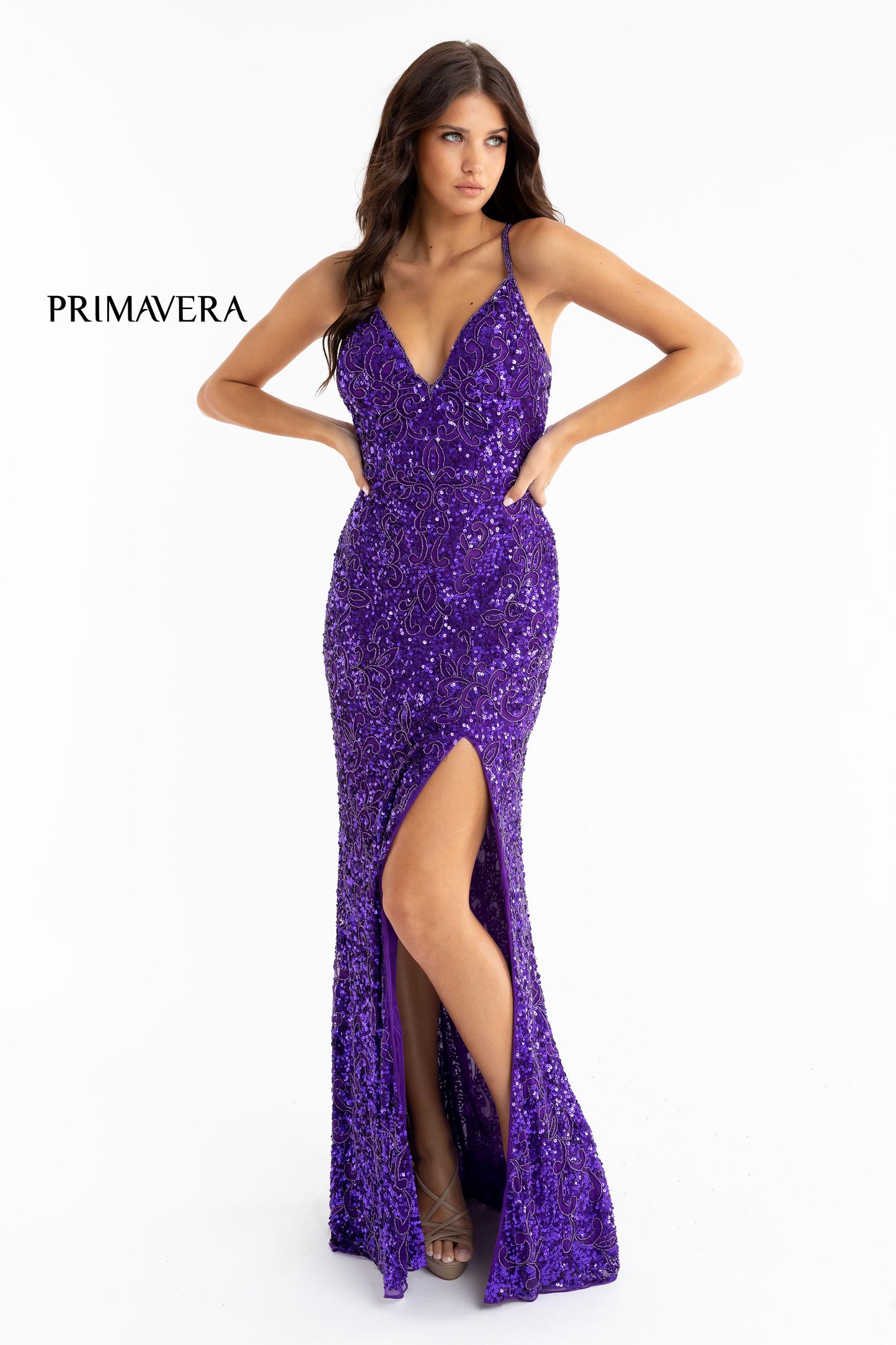 Primavera Couture 3295 Exclusive  Prom Dress, Formal Evening Gown.  This exclusive prom dress is designed with sequins throughout.  I has a V neckline with beaded spaghetti straps that crisscross in the open back.  It is long with a left side slit.  Available Colors:  FUSHIA,CREAM,EMERALD,IVORY,PEACOCK,BLACK,MIDNIGHT,NEON LILAC,NEON PINK,FORREST GREEN,PURPLE,TURQUOISE,CORAL,BLUE,RED,LIGHT BLUE,NEON SAGE