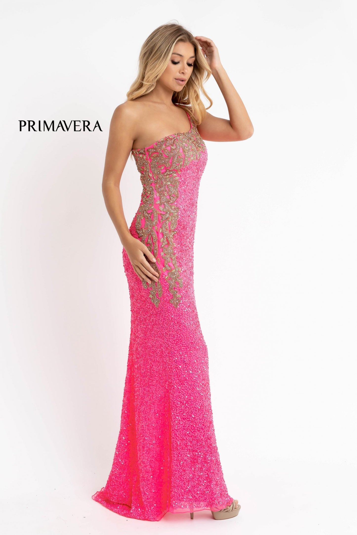 Primavera Couture 3637 is a stunning Long Fitted Sequin Embellished Formal Evening Gown. This One Shoulder Prom Dress Features Beaded Embellishments cascading from the one shoulder neckline down the side of the gown along the hip. Slit in skirt with a sweeping train. Great Pageant Formal Style.