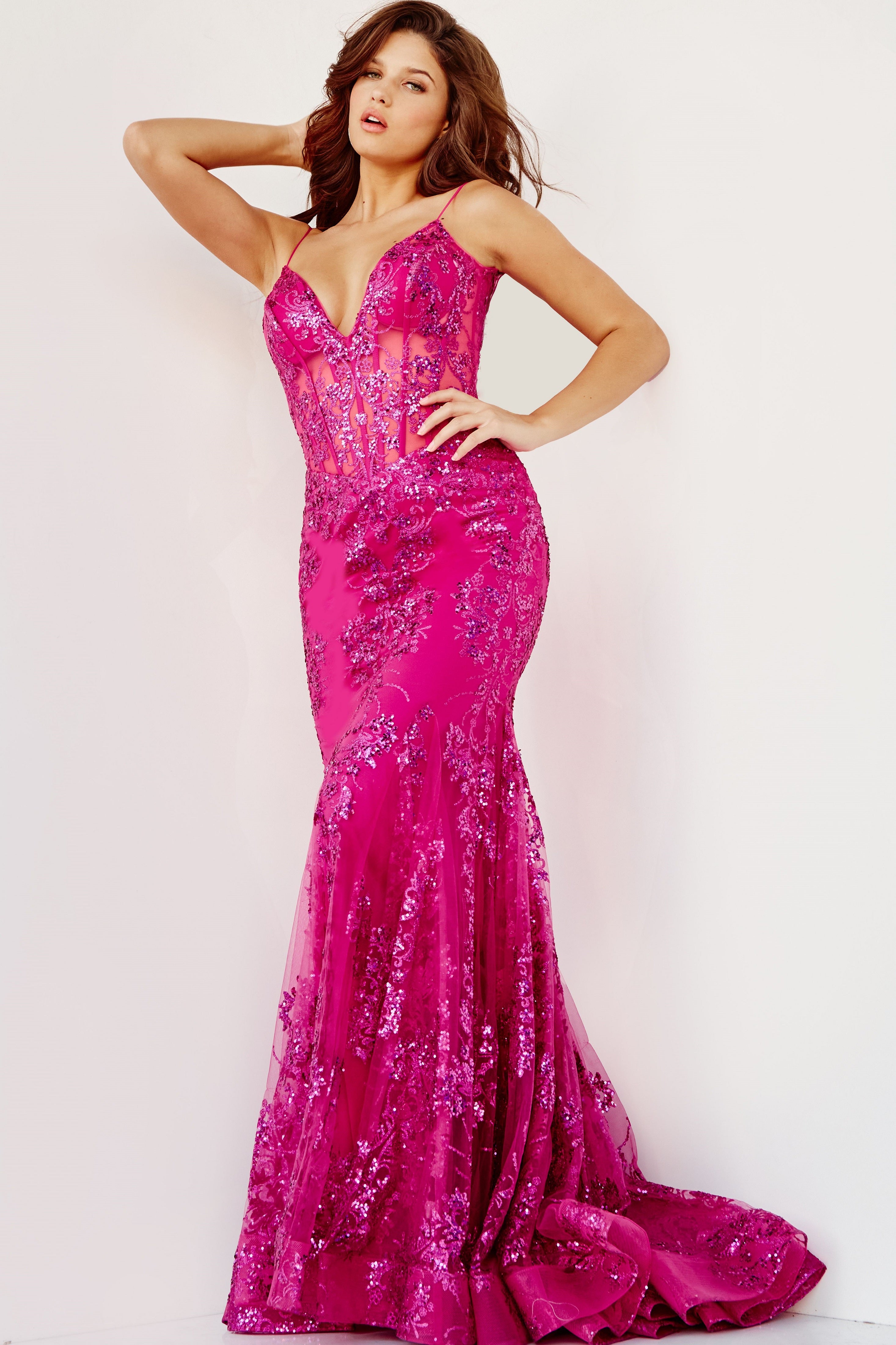 Jovani 3675 Prom Dress Sheer Corset Shimmer Mermaid Pageant Gown Glass Slipper Formals