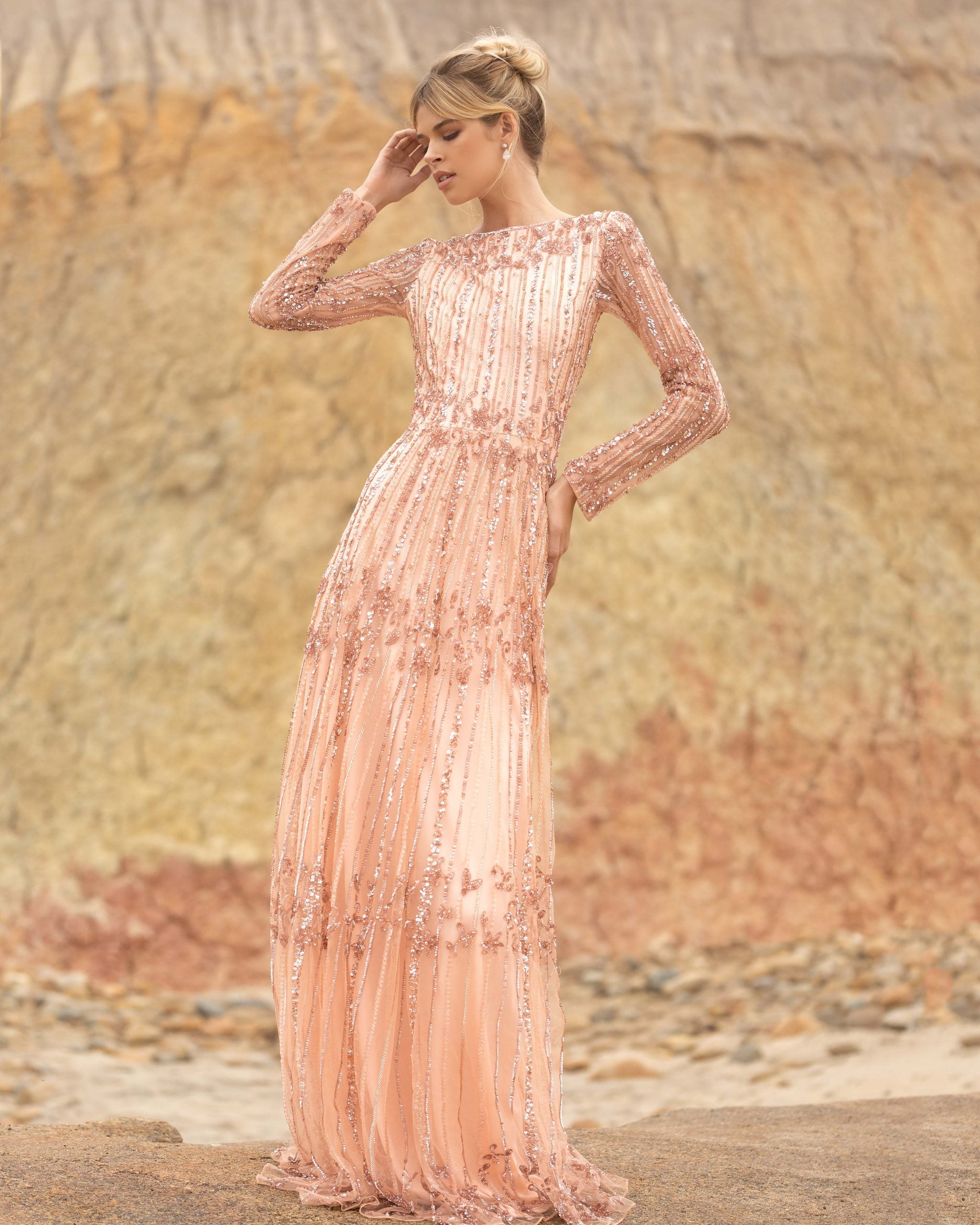 Embellished gown hot sale with sleeves