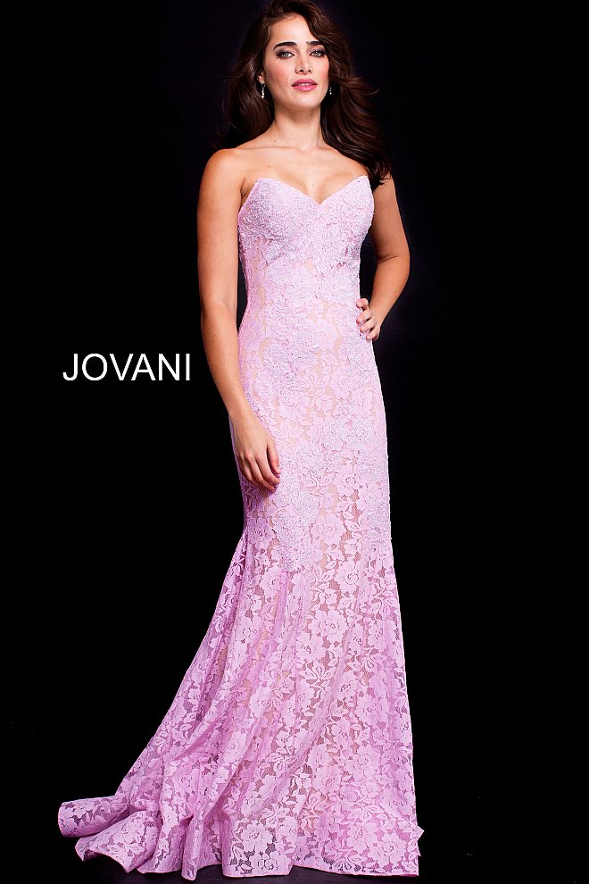 Jovani 37334 Size 12 Black embellished lace prom dress peak point neckline Fitted Mermaid Strapless