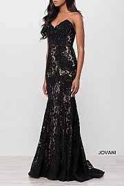 Jovani 37334 Size 12 Black embellished lace prom dress peak point neckline Fitted Mermaid Strapless