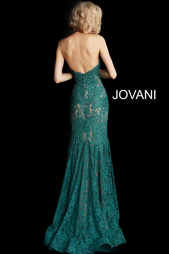 Jovani 37334 Size 12 Black embellished lace prom dress peak point neckline Fitted Mermaid Strapless