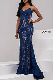 Jovani 37334 Size 12 Black embellished lace prom dress peak point neckline Fitted Mermaid Strapless