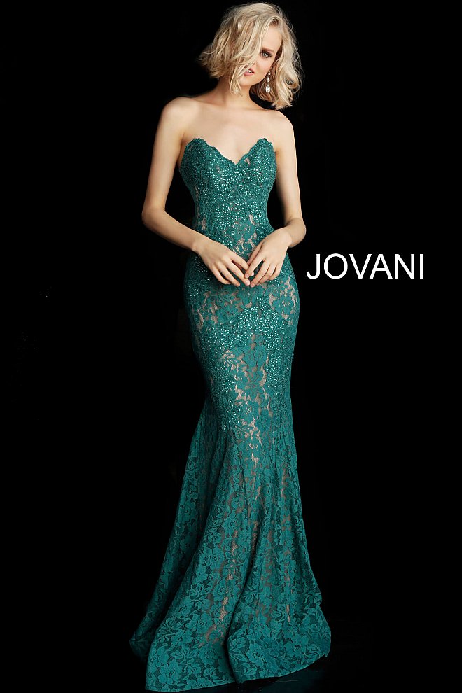 Jovani 37334 Size 12 Black embellished lace prom dress peak point neckline Fitted Mermaid Strapless