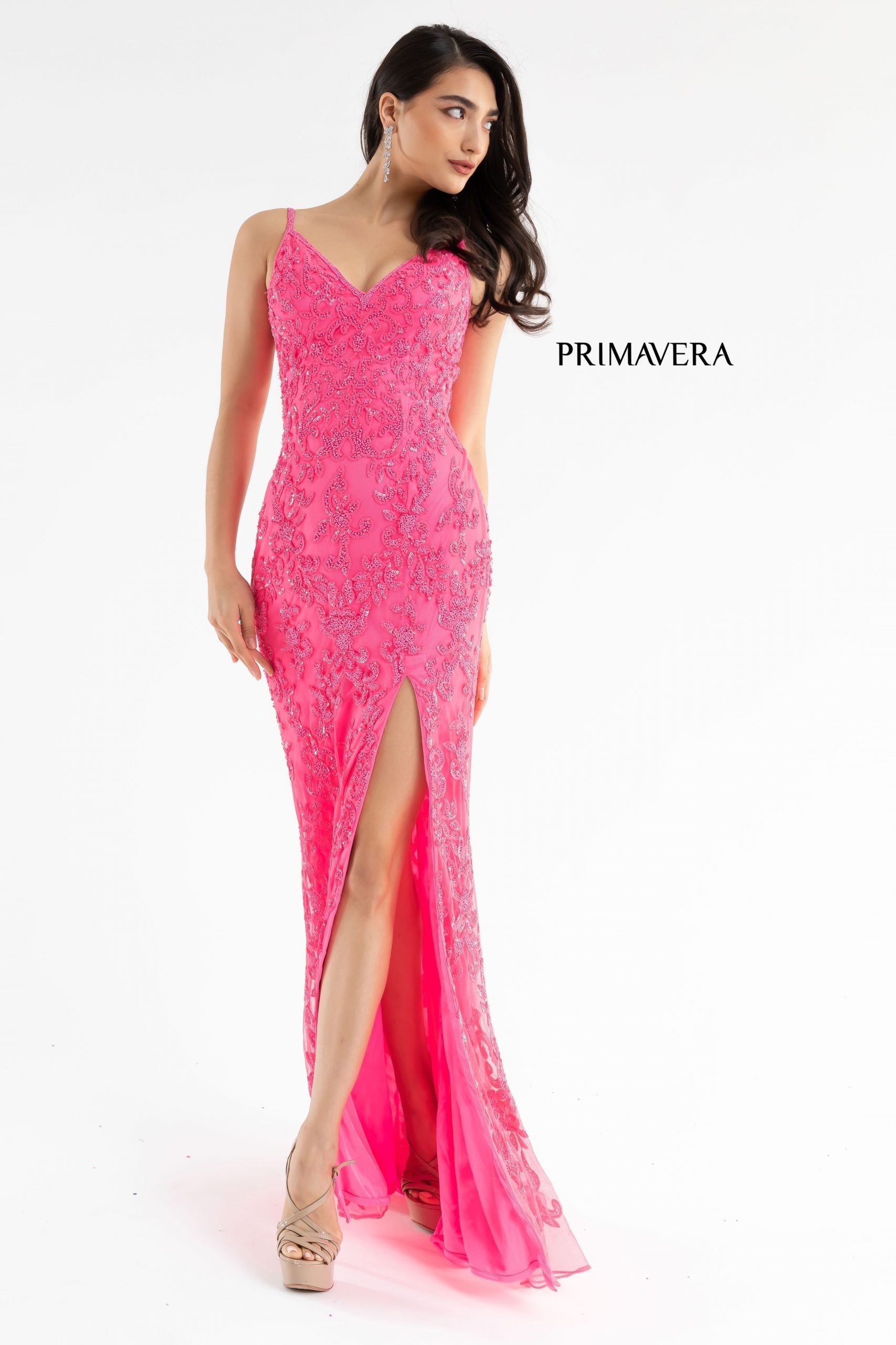 Hot Pink Bella Bee Stretch Sequins Prom Couture Cocktail Lace