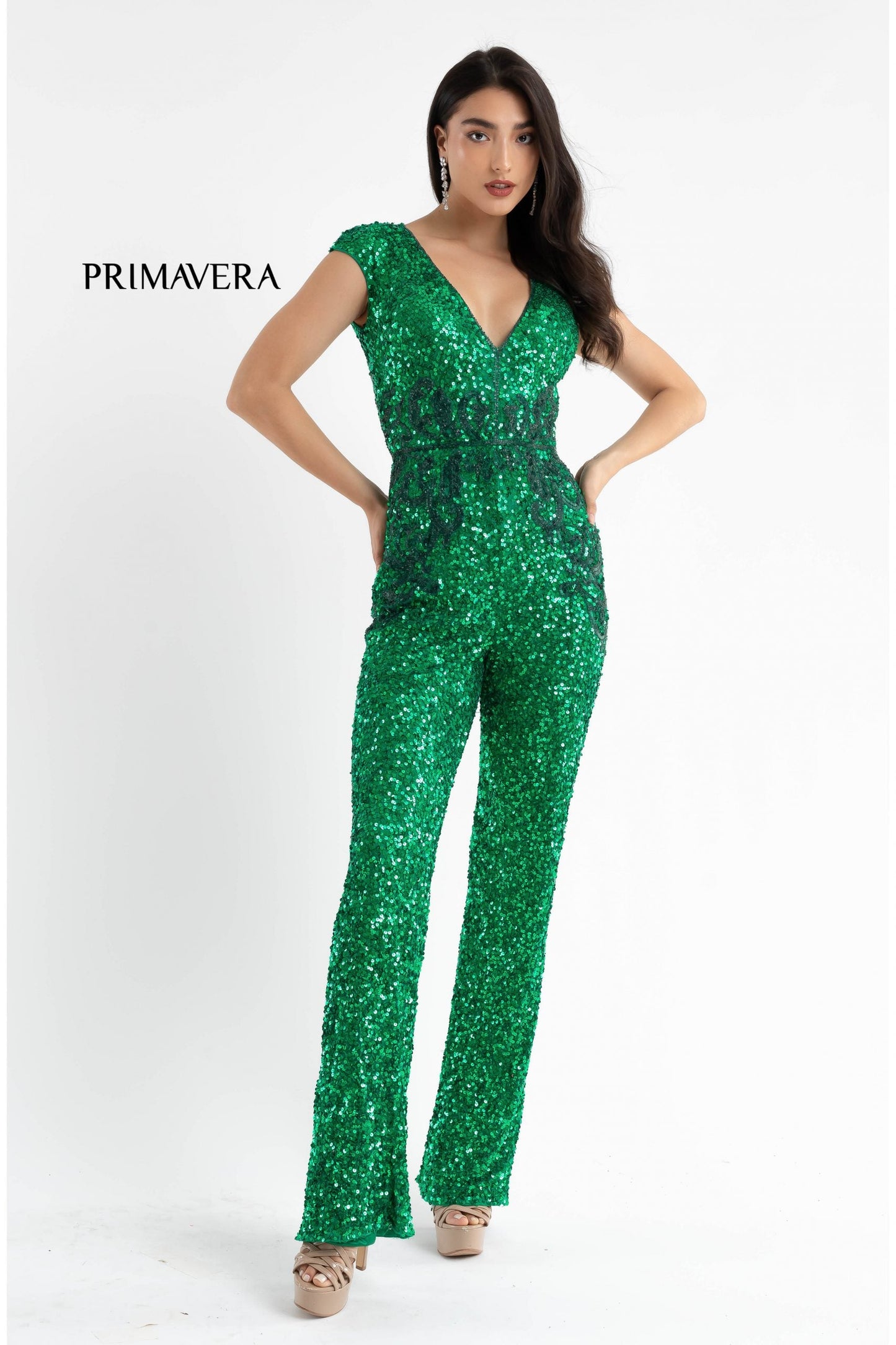 Primavera Couture 3775 Size 00, 4 Royal Blue Sequined Jumpsuit Beaded Waist and Hips Cap Sleeves