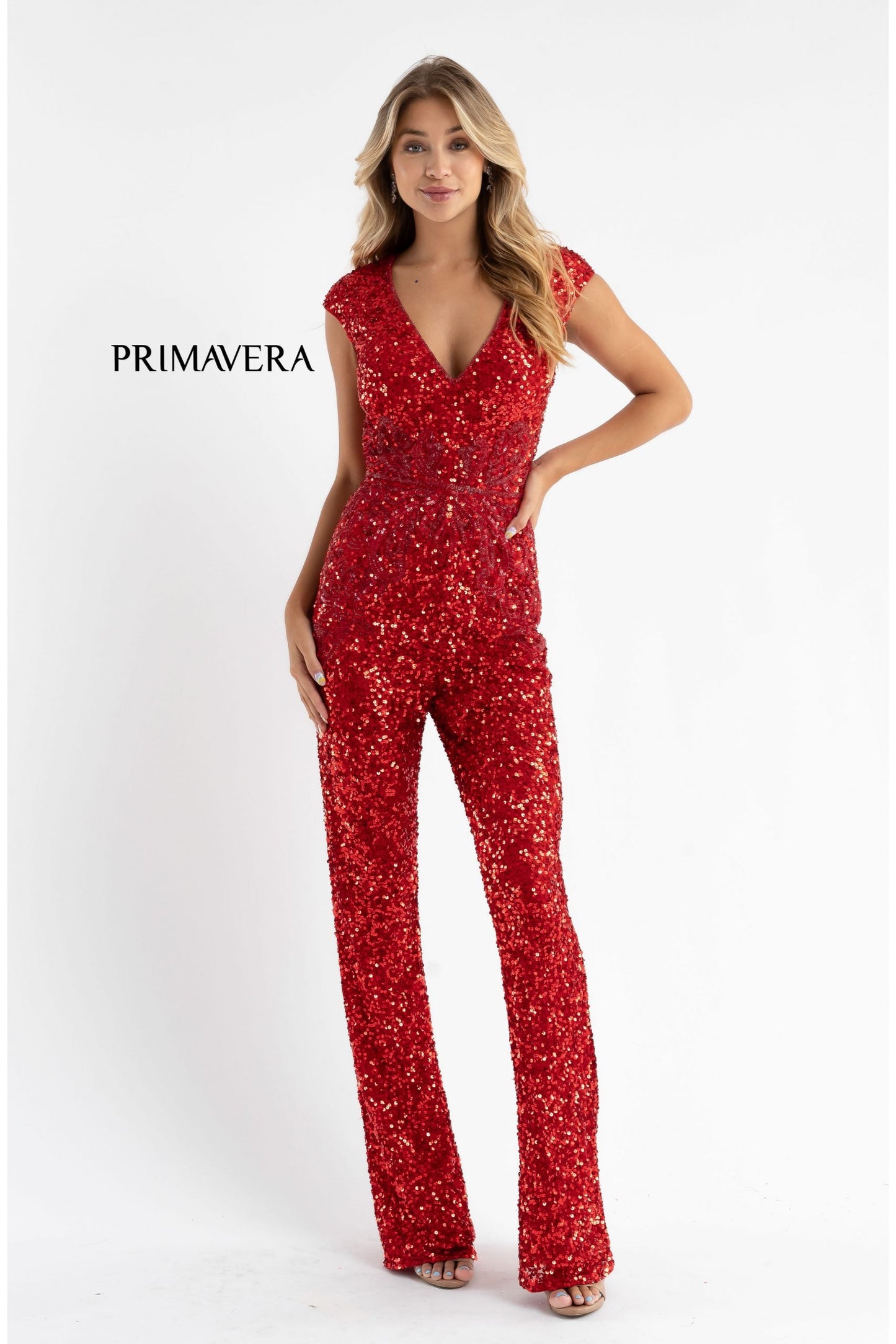 Primavera Couture 3775 Size 00, 4 Royal Blue Sequined Jumpsuit Beaded Waist and Hips Cap Sleeves