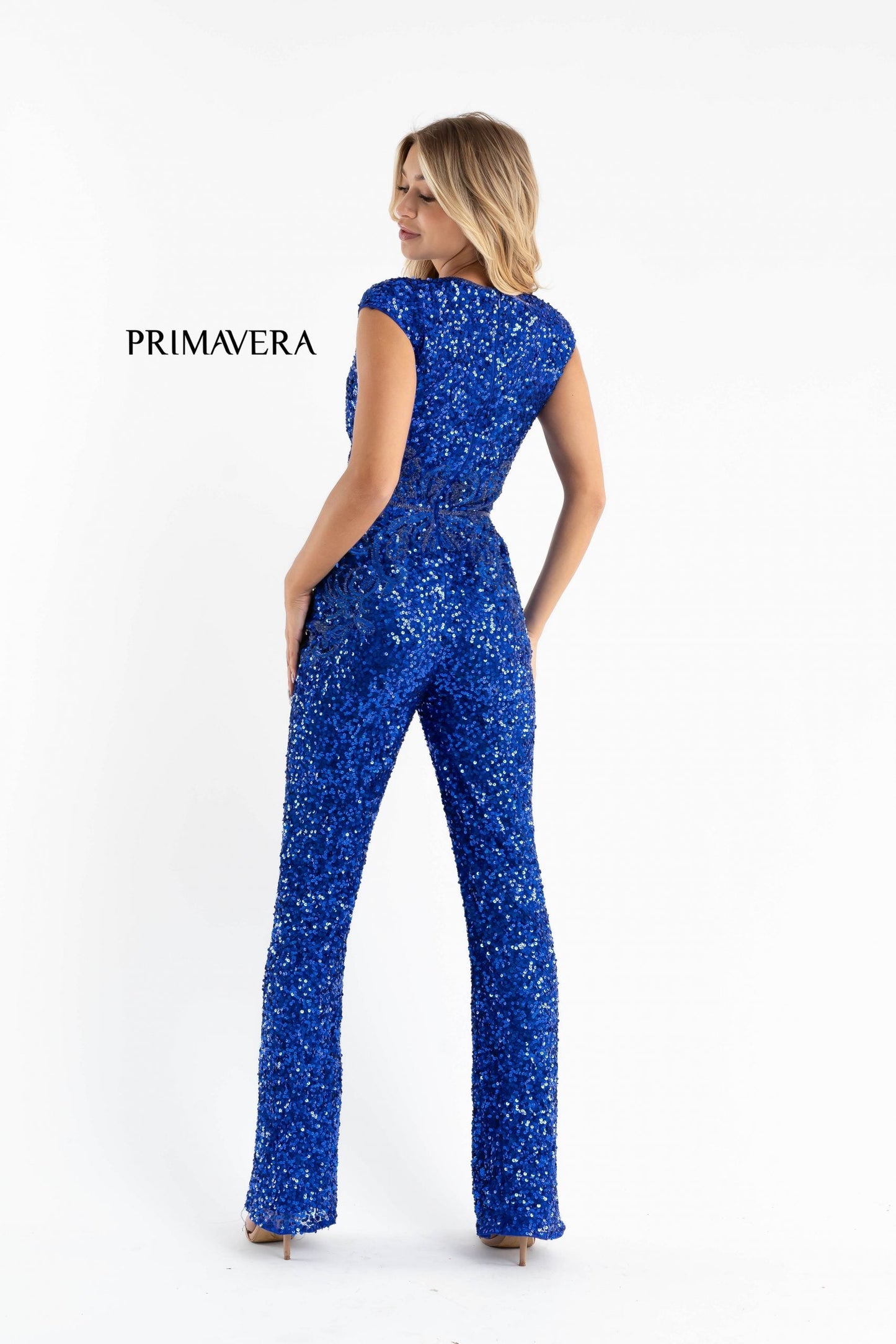 Primavera Couture 3775 Size 00, 4 Royal Blue Sequined Jumpsuit Beaded Waist and Hips Cap Sleeves