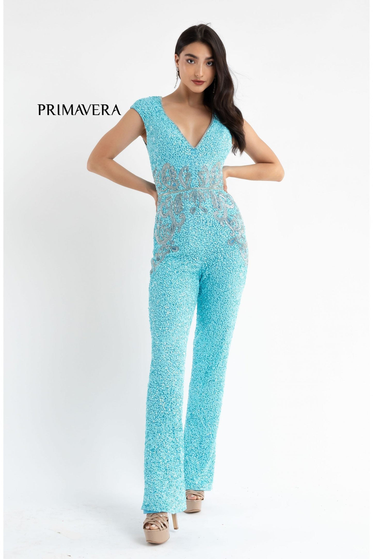 Primavera Couture 3775 Size 00, 4 Royal Blue Sequined Jumpsuit Beaded Waist and Hips Cap Sleeves