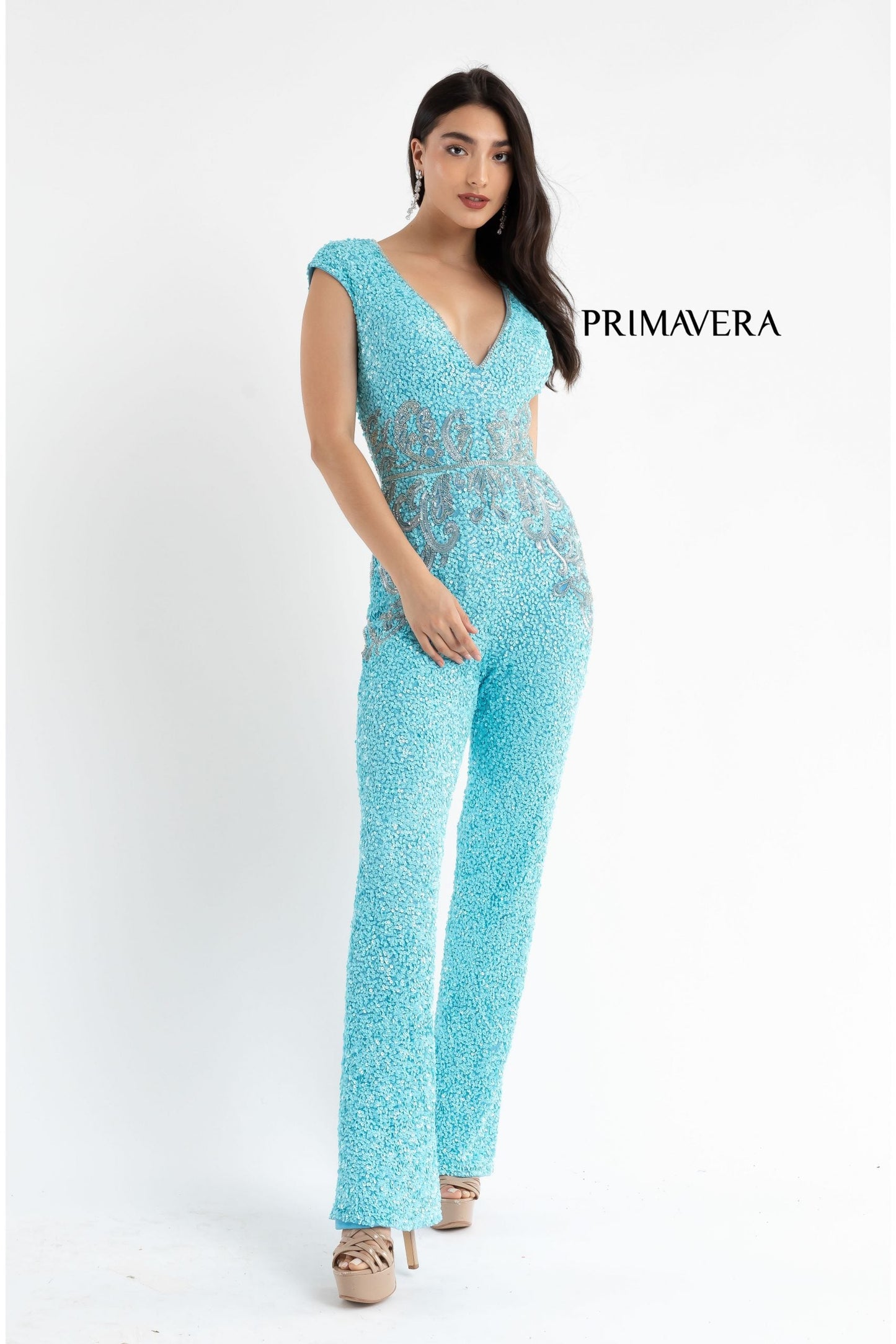 Primavera Couture 3775 Size 00, 4 Royal Blue Sequined Jumpsuit Beaded Waist and Hips Cap Sleeves