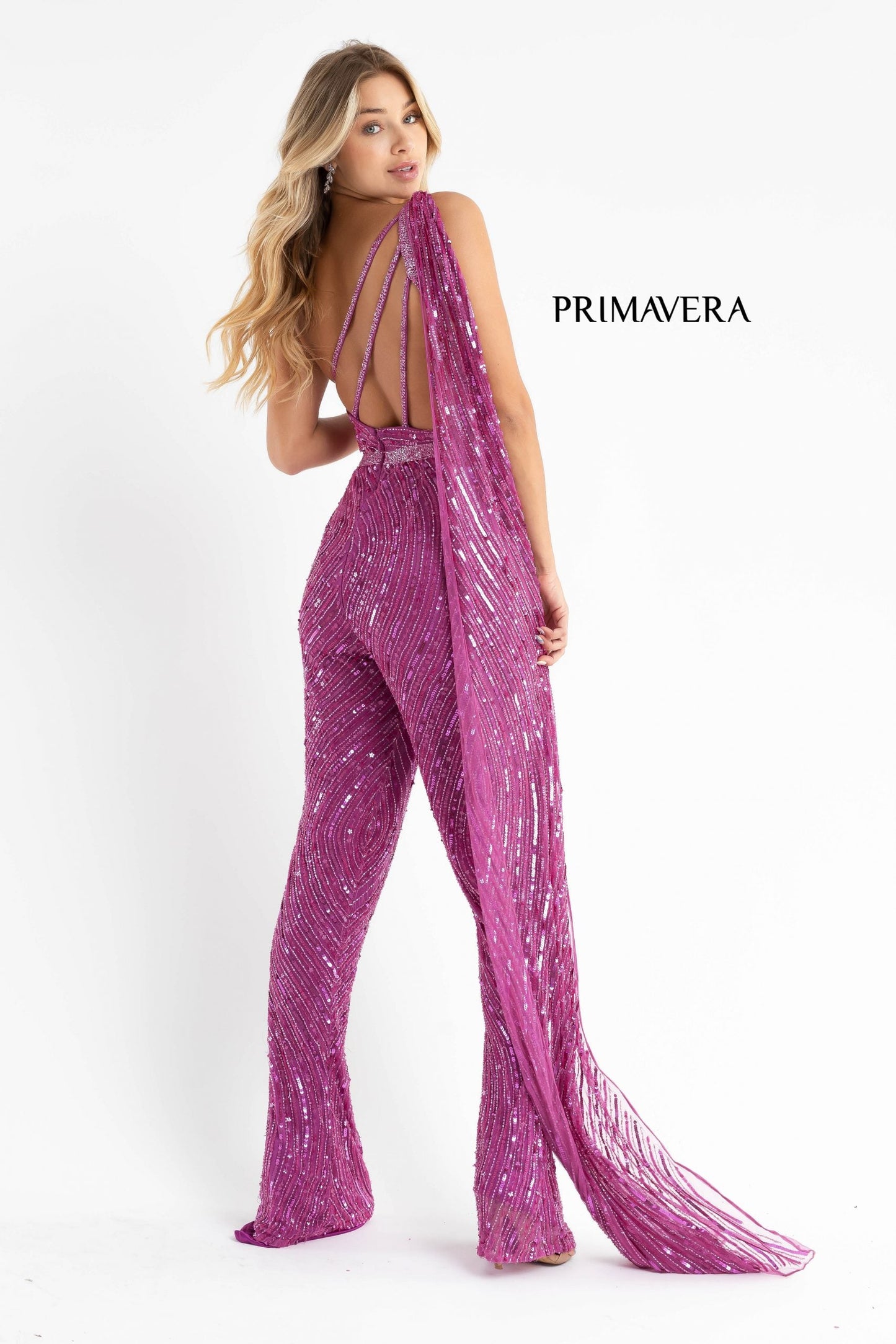 Primavera Couture 3776 Size 00 Fuchsia Swirled Sequin Jumpsuit One Shoulder Floor Length Cape