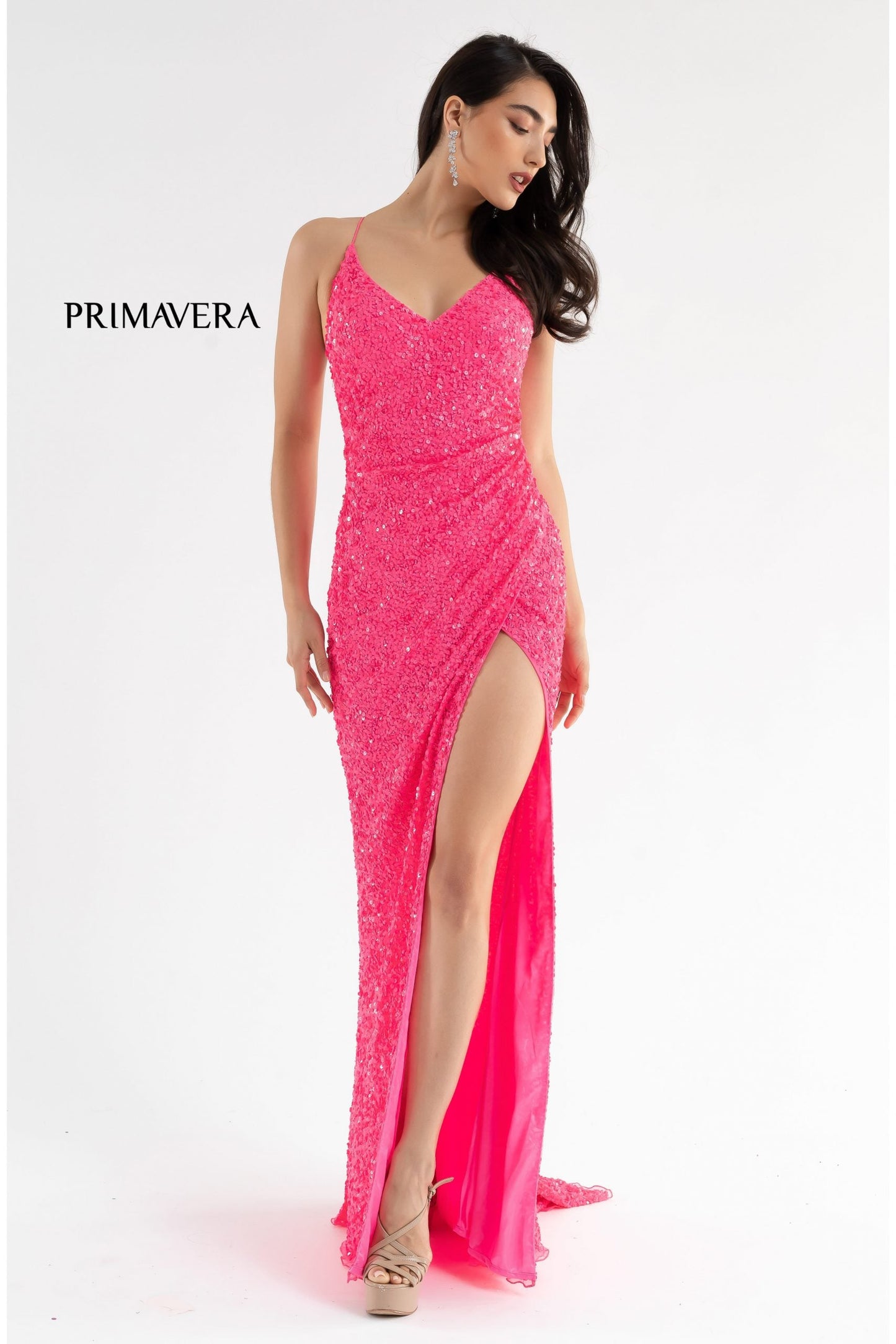 Primavera Couture 3791 Size 4 Fuchsia Prom Dress V Neckline Sequins Lace Up Tie Back Side Slit