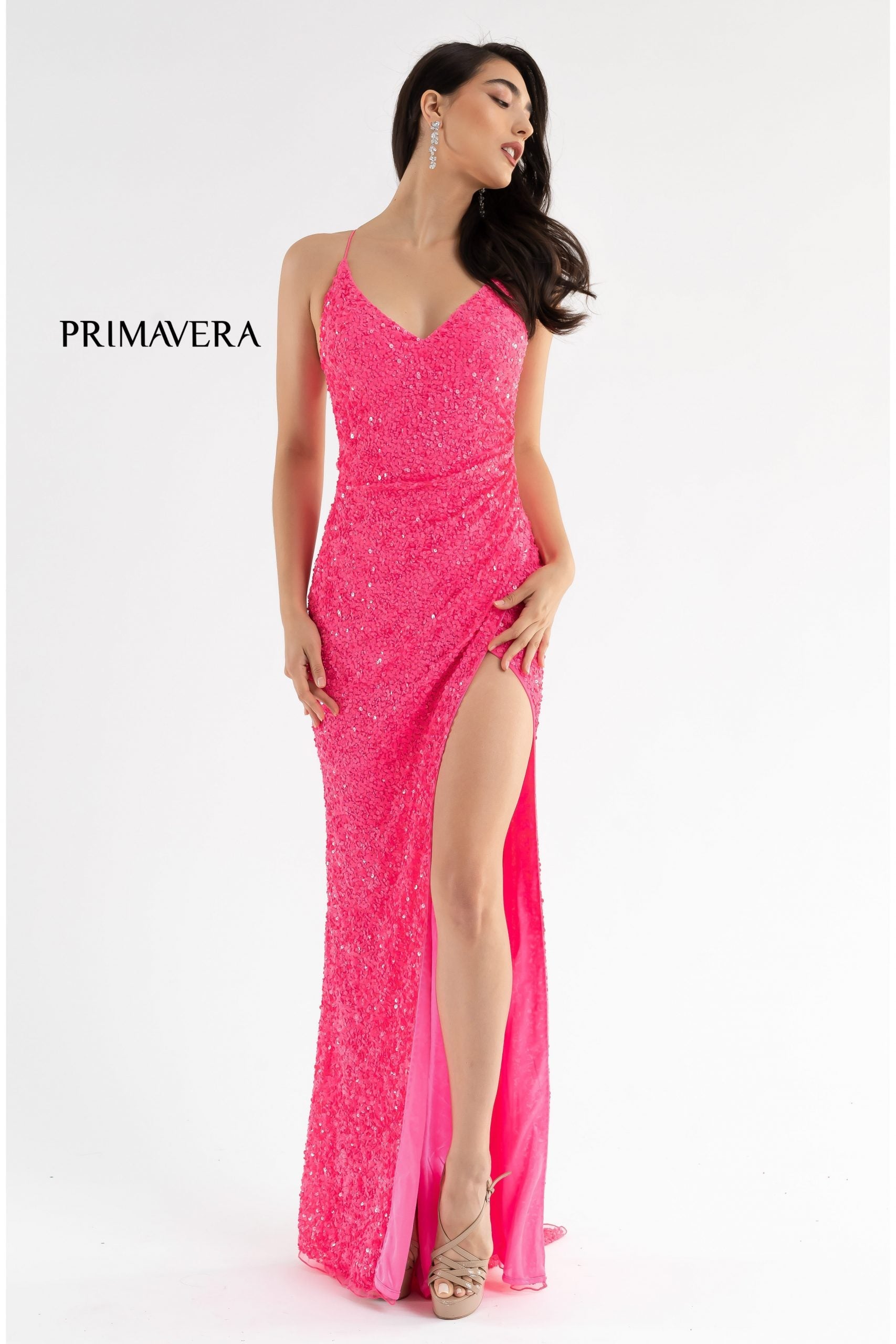 Primavera Couture 3791 Size 6 Neon Pink Prom Dress V Neckline 