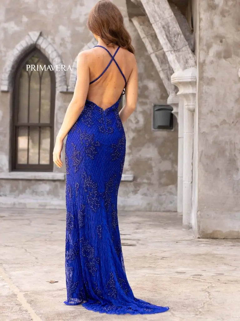 Navy Blue Long Sleeves Beaded Lace Long Prom Dresses with High
