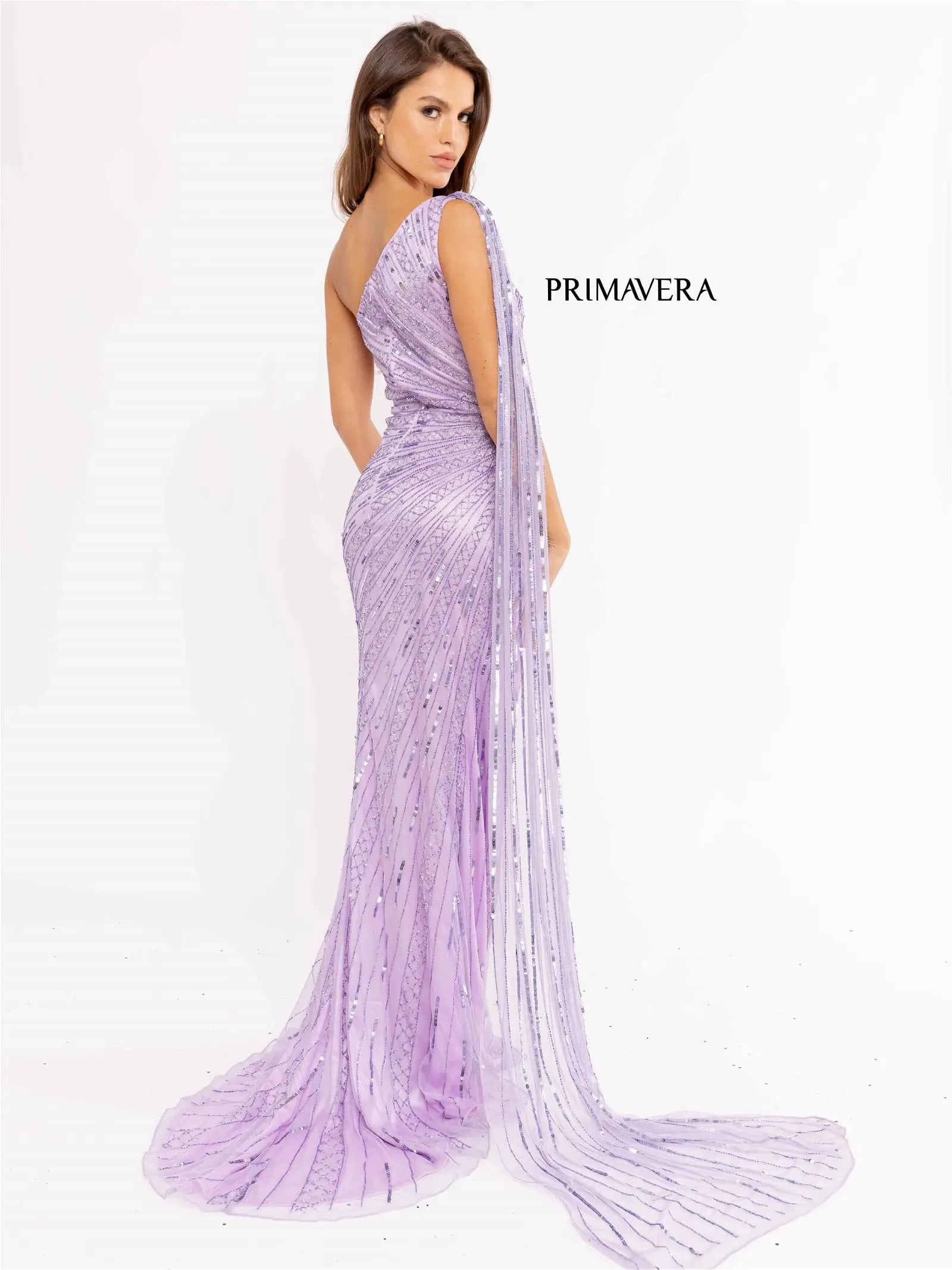 Primavera Couture 3956 Size 12 Lilac Long Fitted Beaded One Shoulder Cape  Prom Dress Slit Pageant Gown – Glass Slipper Formals