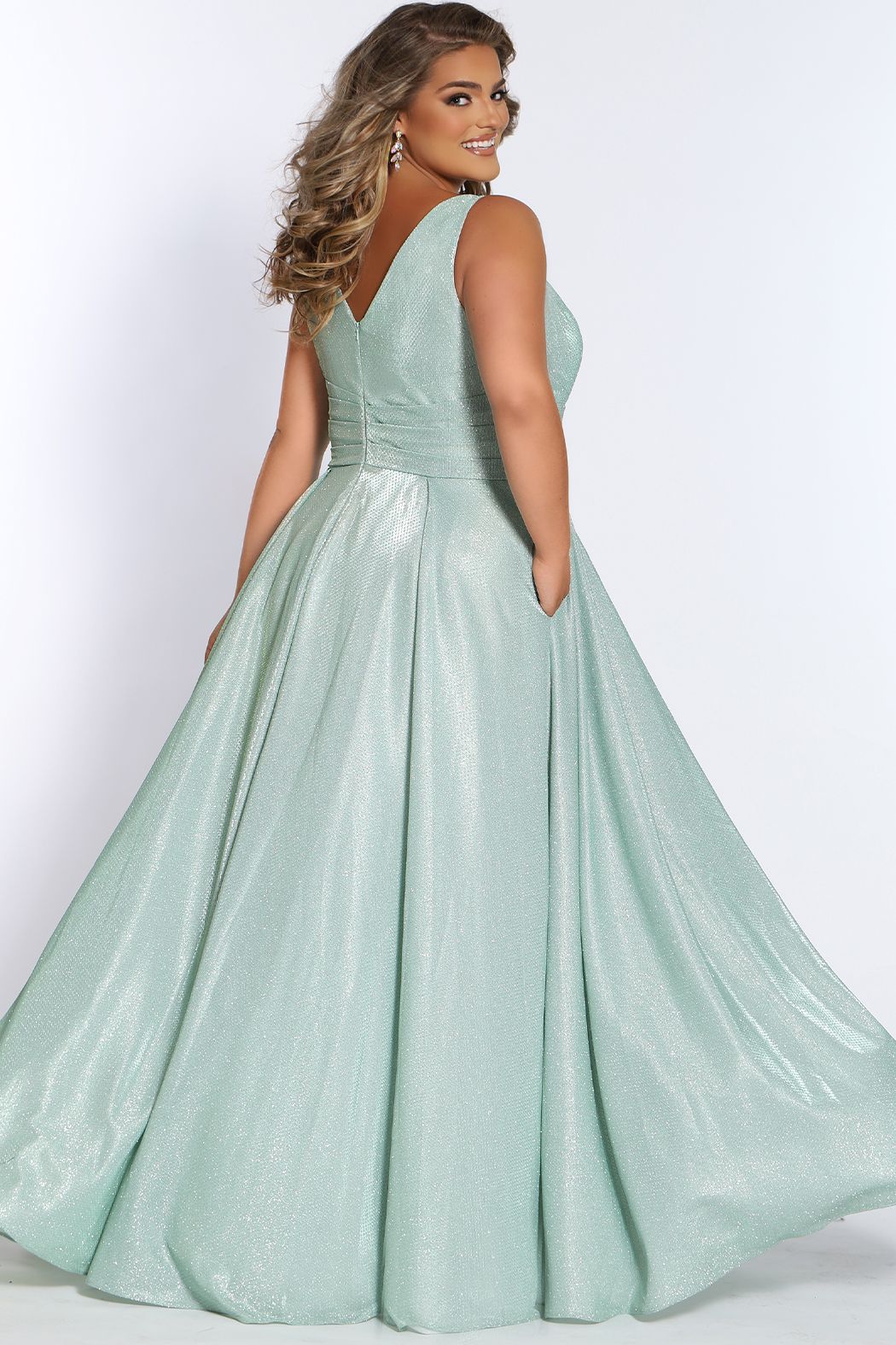 Sydney's Closet SC7324 Metallic Prom Dress A Line V Neckline Plus Sized SC  7324