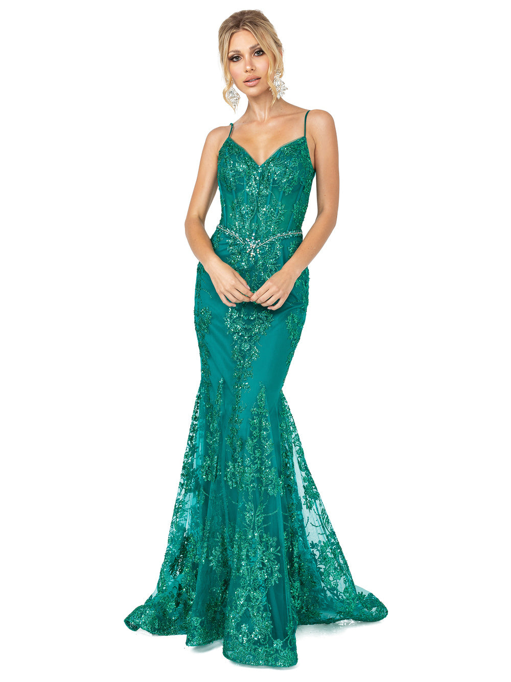 V Neck Hunter Green Sequin Mermaid Long Prom Dress - Xdressy