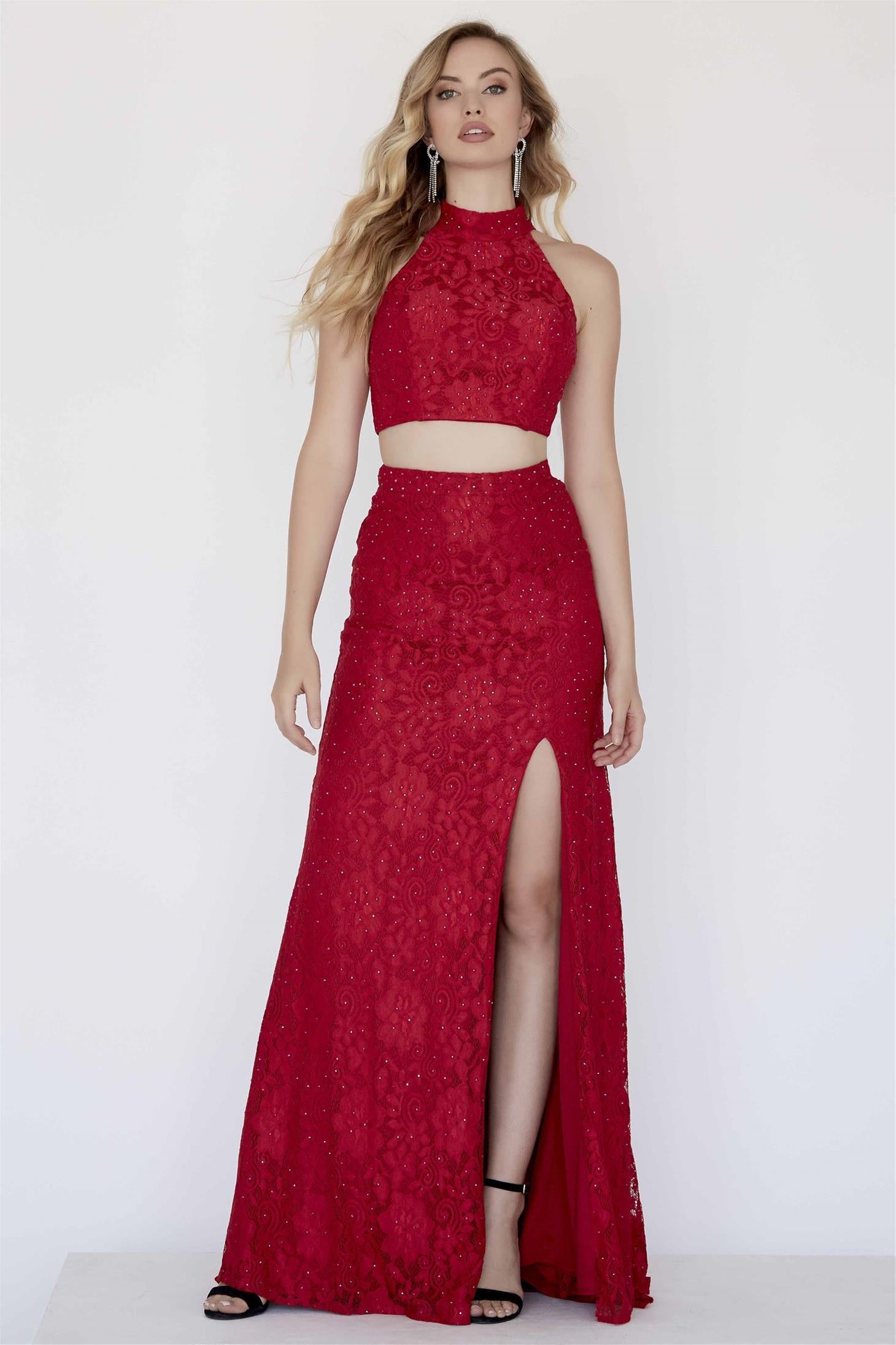 Red lace two piece dress sale