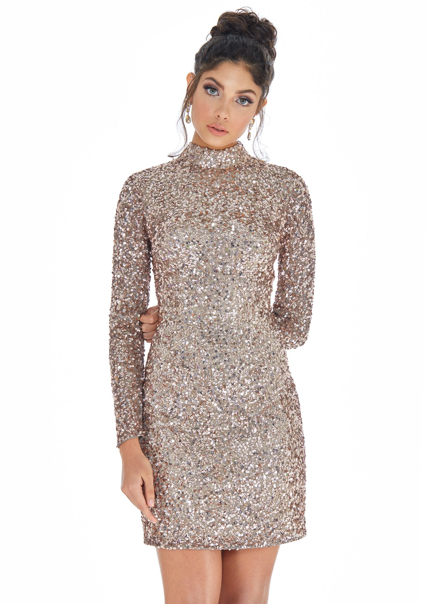 High neck long sleeve cocktail dress deals