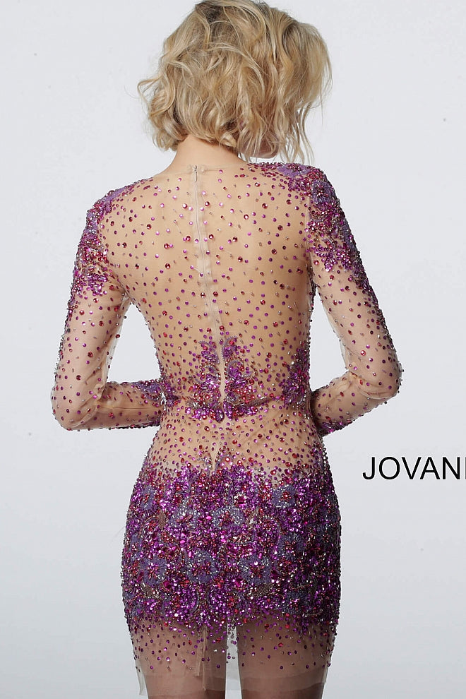 Jovani 47598 Short Fitted Sheer Crystal Cocktail Dress Long Sleeve Emb Glass Slipper Formals