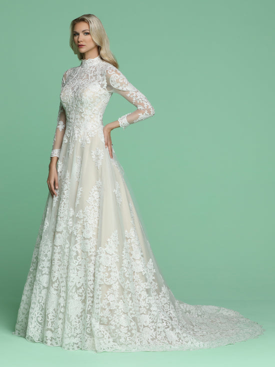 Davinci Bridal 50607 Long Sleeve Sheer Lace A Line Wedding Dress High ...