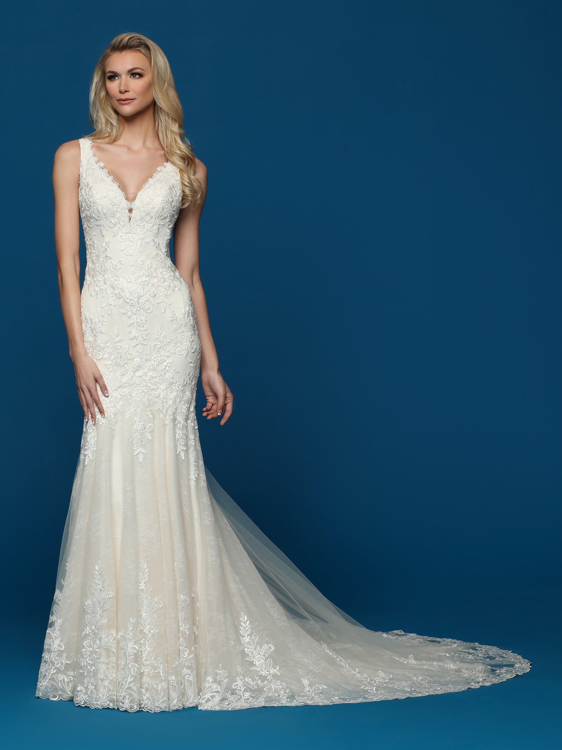 Davinci Bridal 50633 Long Lace Fit & Flare Wedding Dress Train Sheer Open  Back Gown