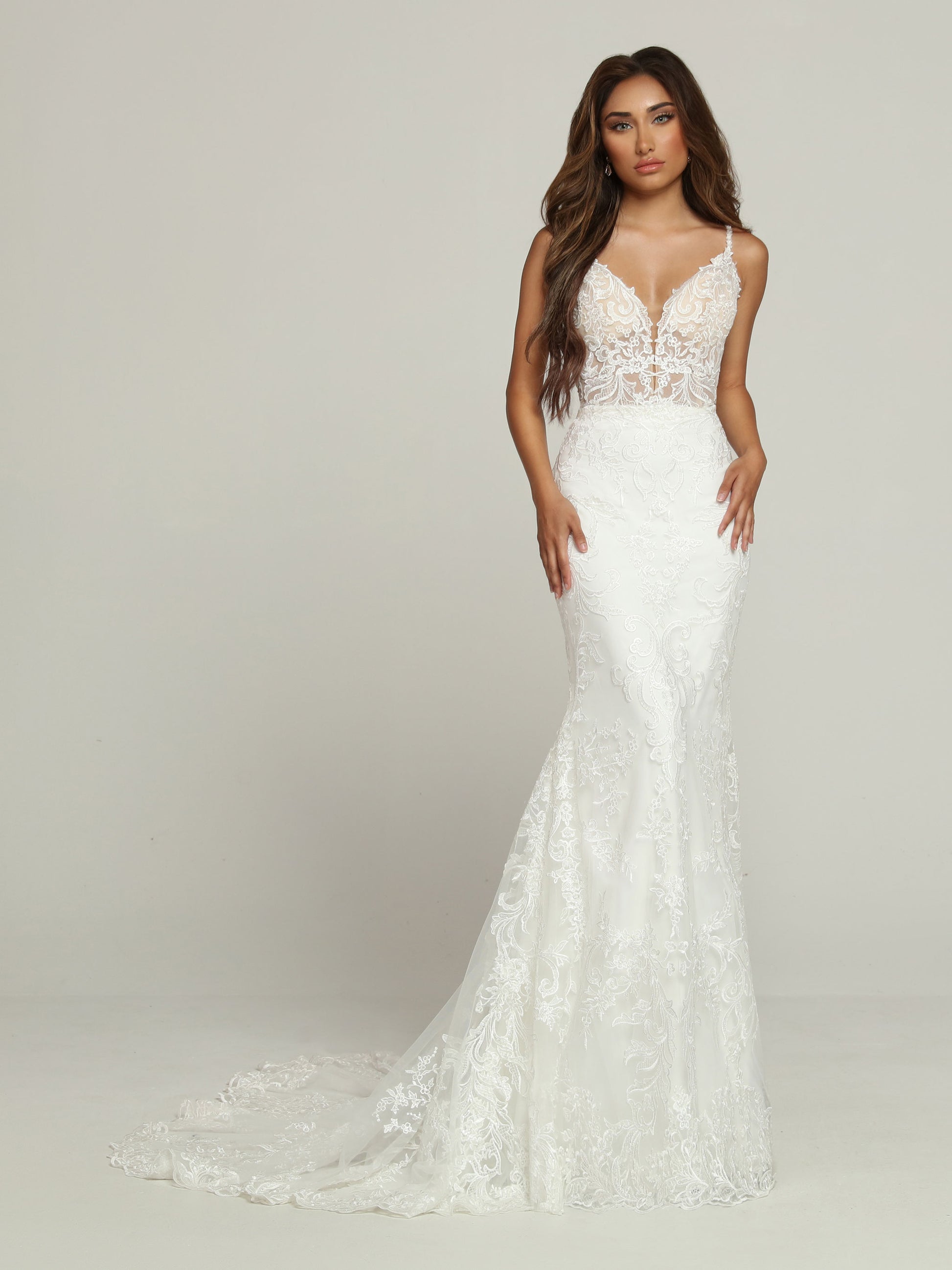 Davinci Bridal 50700 Long Sheer Lace V Neck Wedding Dress Flare Bridal –  Glass Slipper Formals
