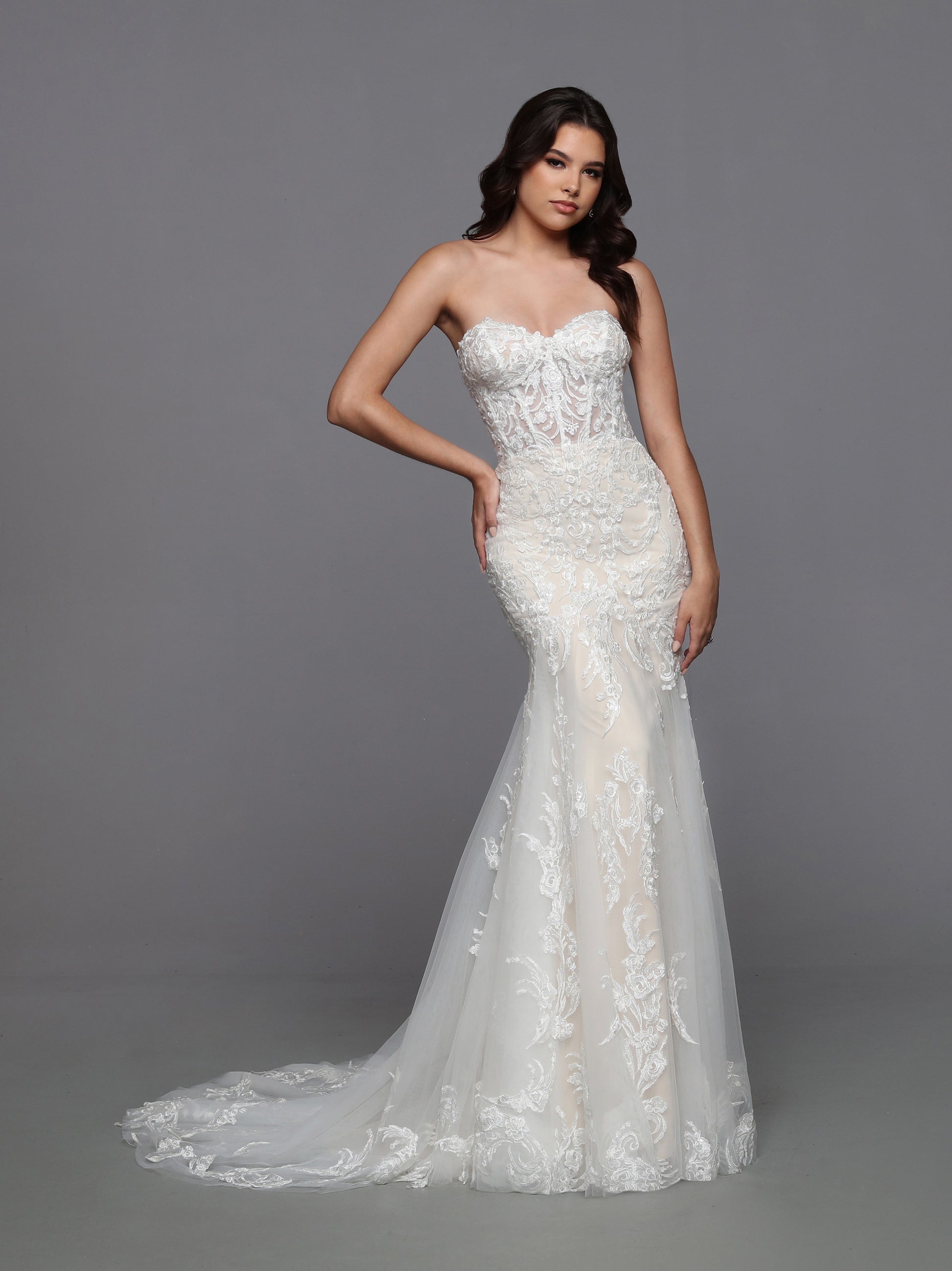 Davinci Bridal 50702 Long Fit & Flare Lace Wedding Dress Plunging