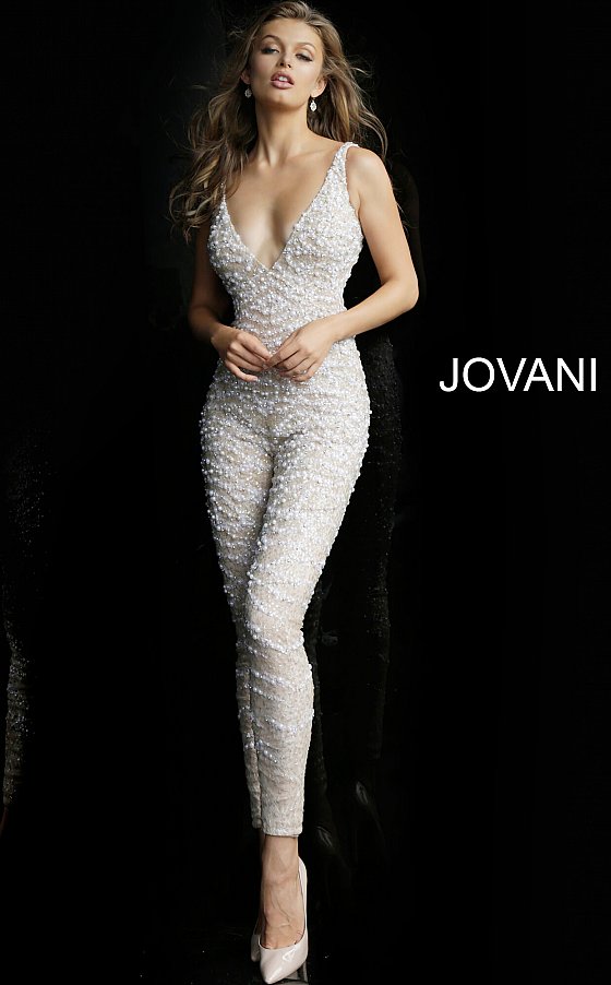Jovani - 60124 Embellished Lace Halter V-neck Jumpsuit With