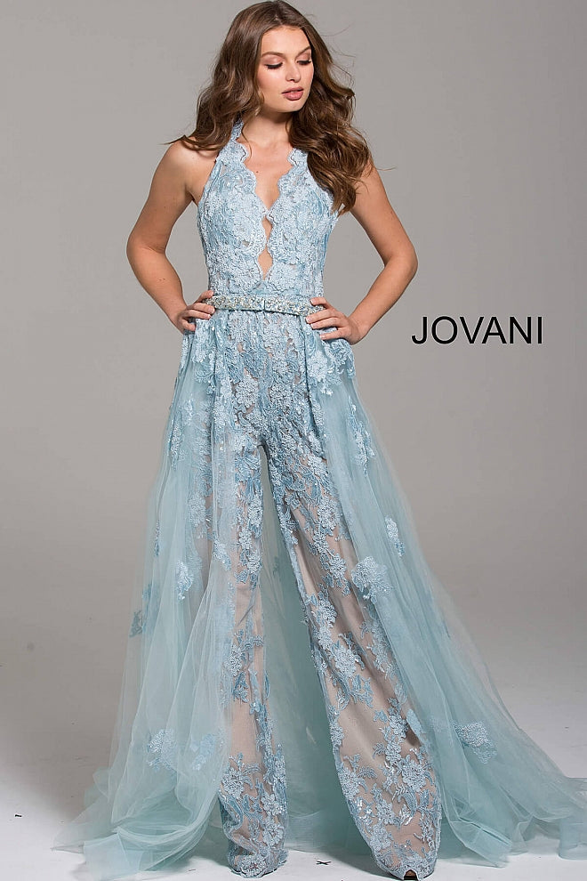 Jovani 60124 lace halter prom jumpsuit Romper Lace Detachable Skirt Dr ...