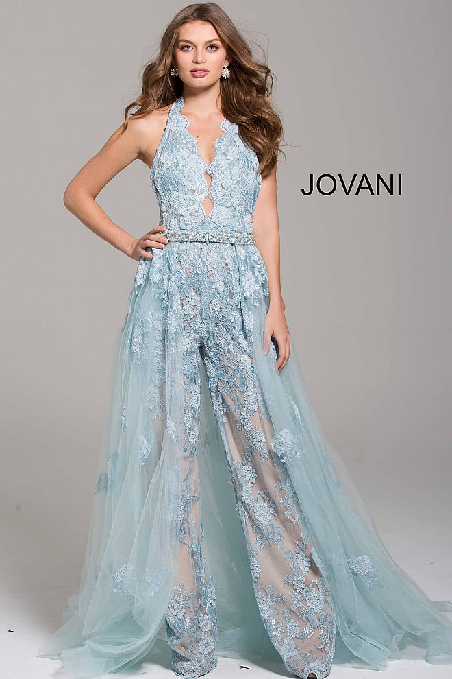 Jovani 60124 lace halter prom jumpsuit Romper Lace Detachable