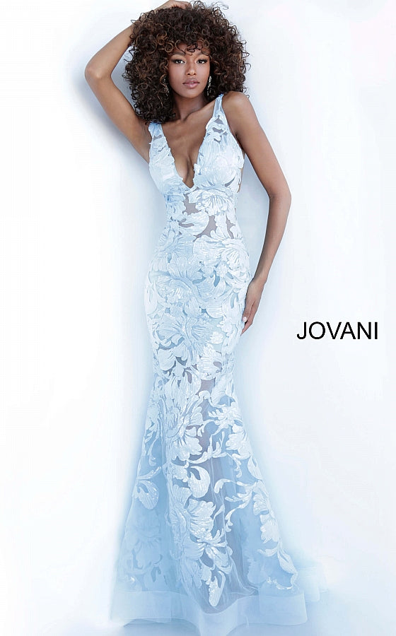 Jovani 60283 Available Colors: black, forest, fuchsia, light-blue, red, rose/gold, royal, tangerine, white, yellow Available Sizes: 00 - 24 Closure: Invisible Back Zipper with Hook and Eye Closure.   Details: Sheer mesh, sequin flower appliques, form fitting silhouette, floor length, sleeveless bodice, plunging V neck, V back, sheer mesh inserts on the sides. Long sheer embroidered and sequined deep v neck sleeveless formal gown with an open v-back by Jovani.