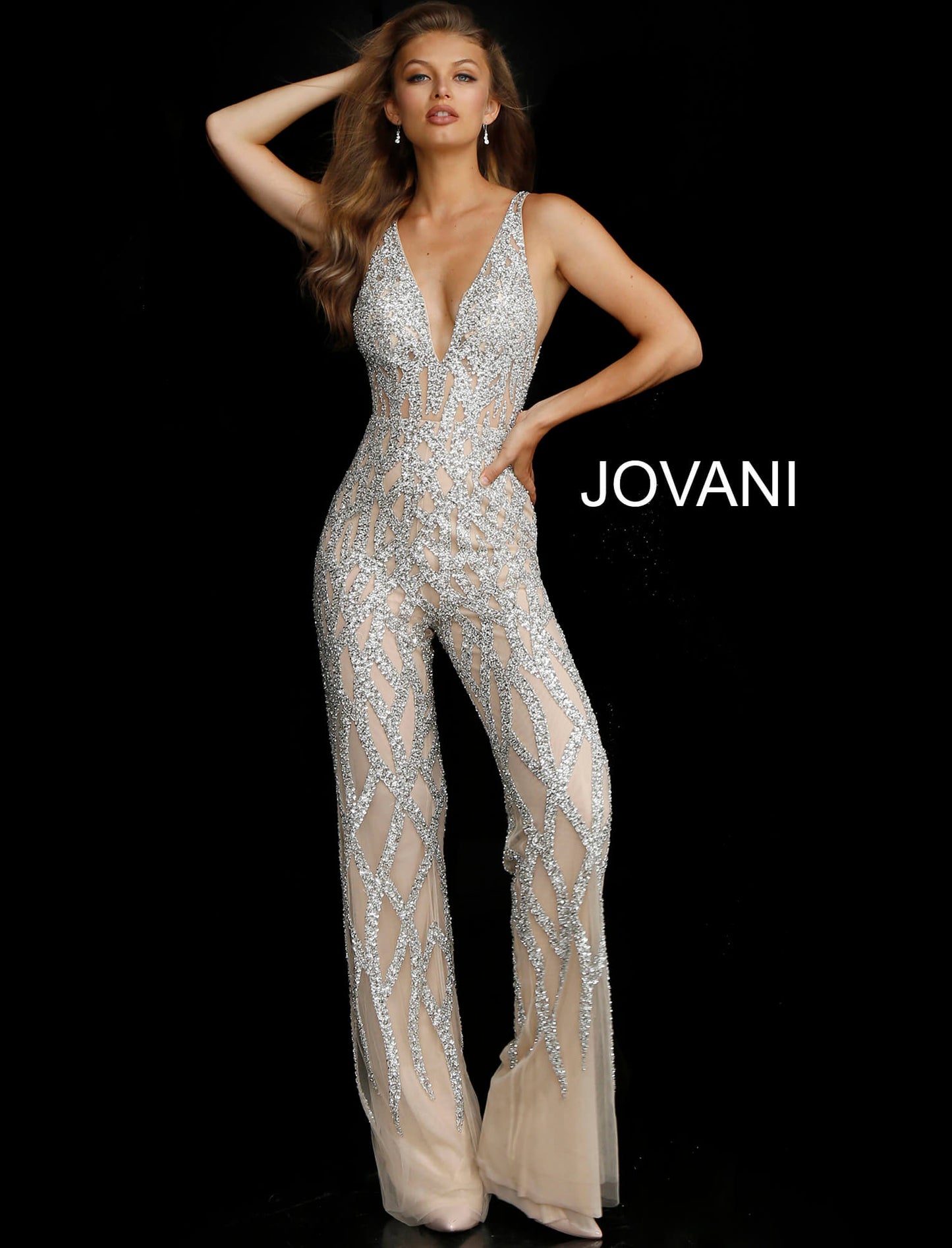 Jovani 60010  Nude white beaded V neck wedding jumpsuit.