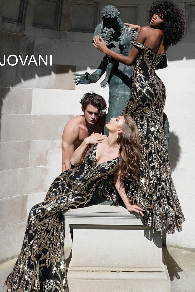 Jovani black and gold prom dress sales