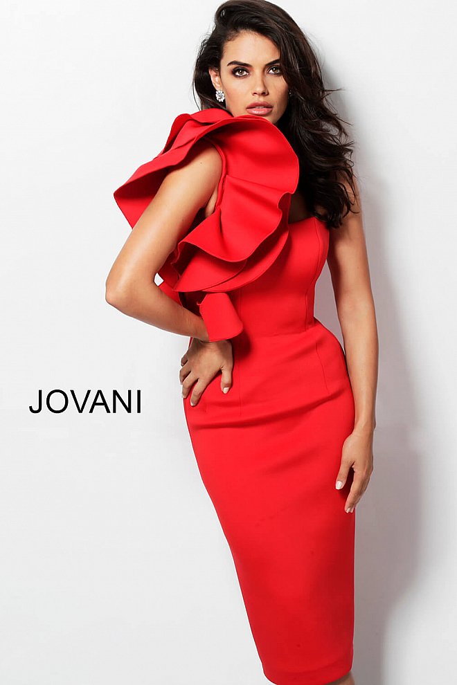 Jovani T63550 One Shoulder Ruffle Knee Length Dress