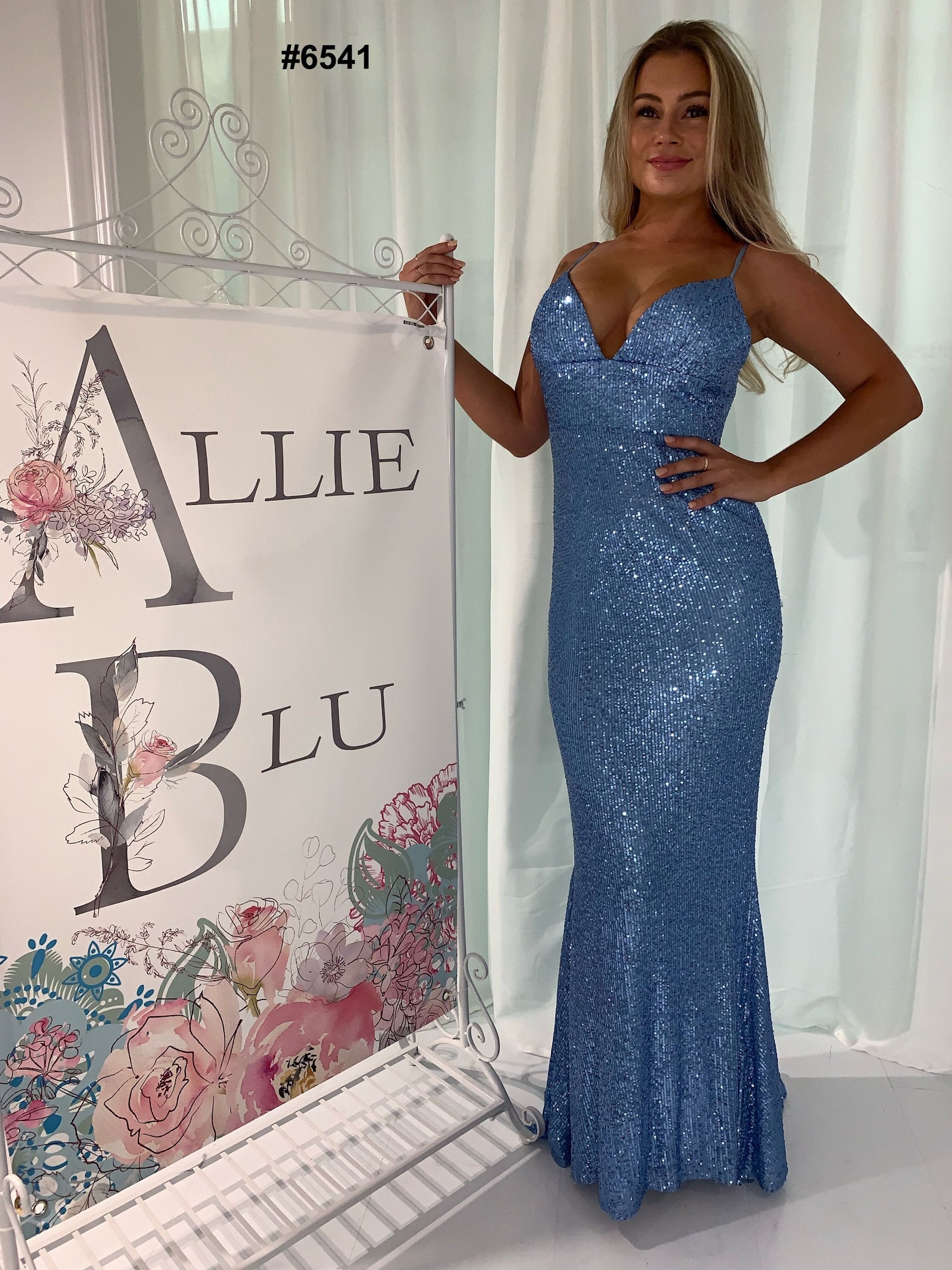 Allie Blu 6541 Size 0 Baby Blue Fitted Sequins Prom Dress with Train –  Glass Slipper Formals