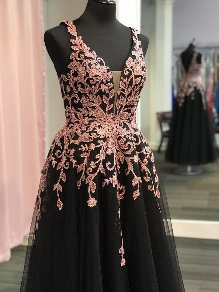 Black prom dress with embroidered cheap flowers