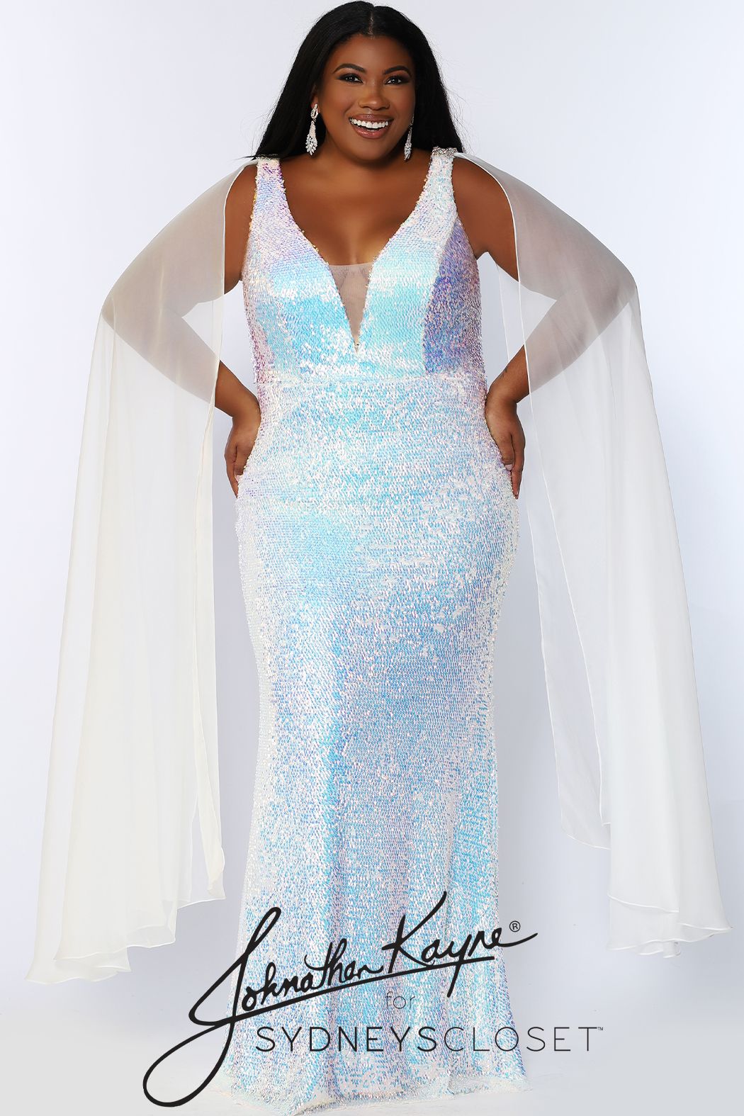 Johnathan Kayne for Sydney's Closet JK 2109 Aurora fitted plus sized sequin mermaid prom dress with shoulder capes.  The flowy scarves on this pageant gown are detachable.  This long evening gown has a plunging v neckline with a mesh panel.   JK2109