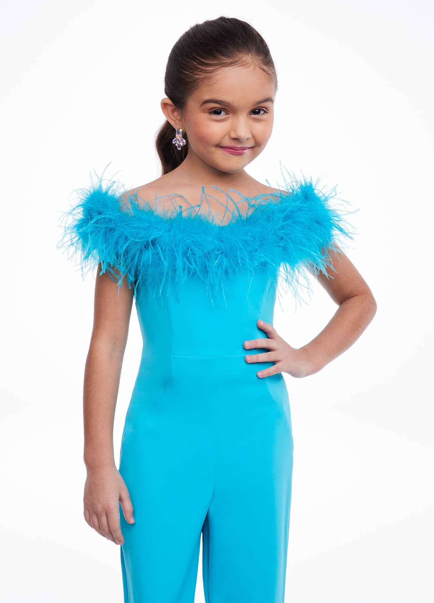 Ashley Lauren Kids 8114 Size 8 Turquoise Girls Scuba jumpsuit Pageant off  the shoulder Feather Fun Fashion