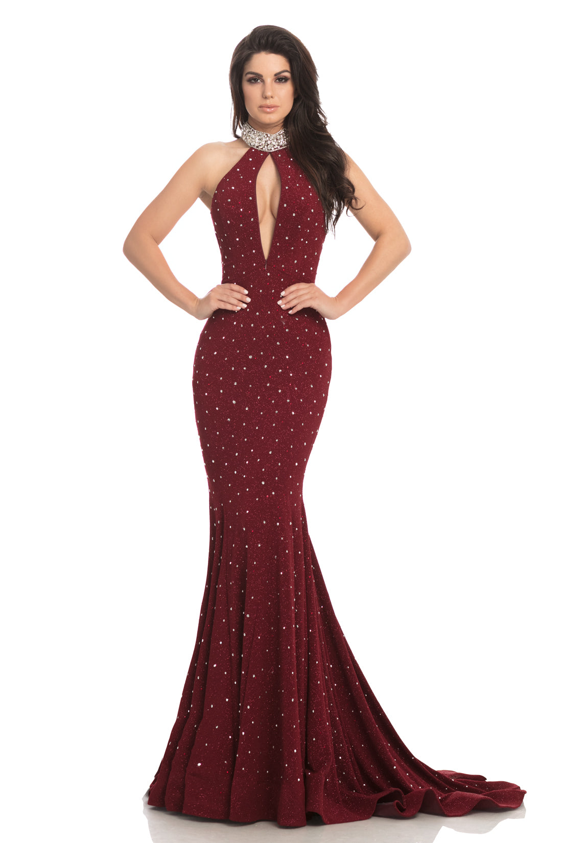 Johnathan Kayne 8235 is a choker neckline Prom Dress, Pageant Gown & formal evening Wear. CONVERTIBLE NECKLINE!  Red carpet glam, this choker neckline is encrusted with hand beaded crystals and stones rain down the silhouette of this glitter stretch knit halter mermaid gown. The neckline features an invisible zipper that allows you to choose a neckline.