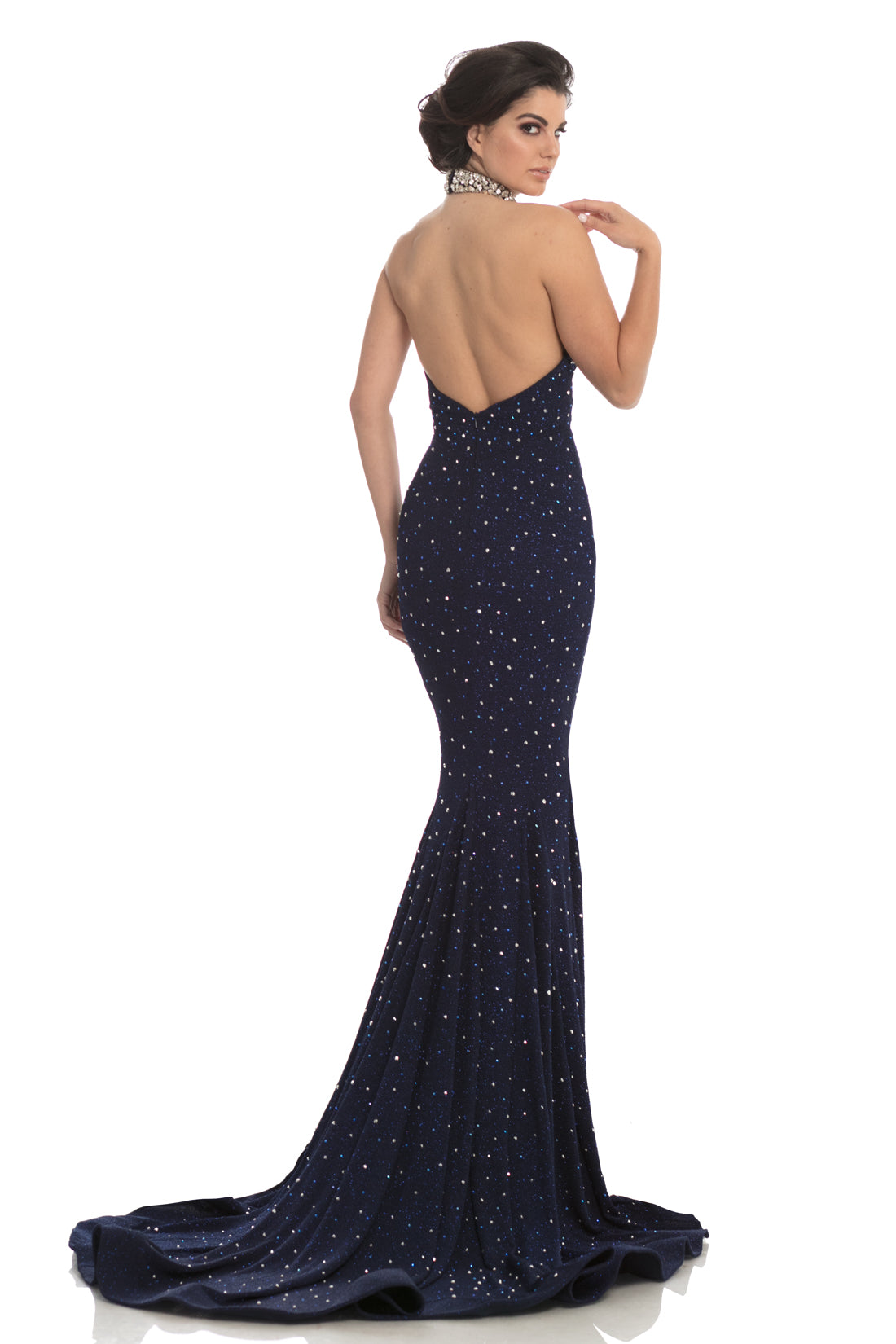 Johnathan Kayne 8235 is a choker neckline Prom Dress, Pageant Gown & formal evening Wear. CONVERTIBLE NECKLINE!  Red carpet glam, this choker neckline is encrusted with hand beaded crystals and stones rain down the silhouette of this glitter stretch knit halter mermaid gown. The neckline features an invisible zipper that allows you to choose a neckline.