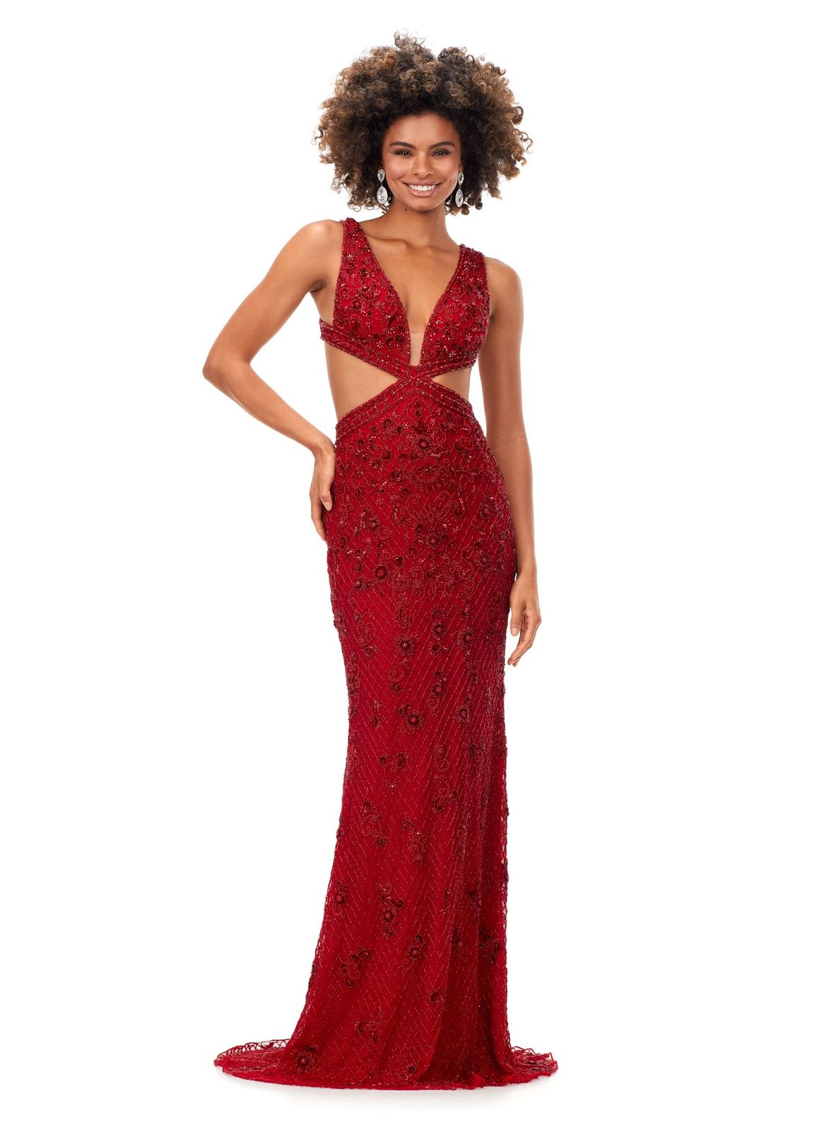 Ashley Lauren 11366 Turn heads in this v-neck gown with side cut outs and an intricate bead pattern. The gown is complete with a lace up open back and sweep train. V-Neckline Cut Outs Lace Up Back Sweep Train COLORS: Gold, Red, Lilac, Peacock