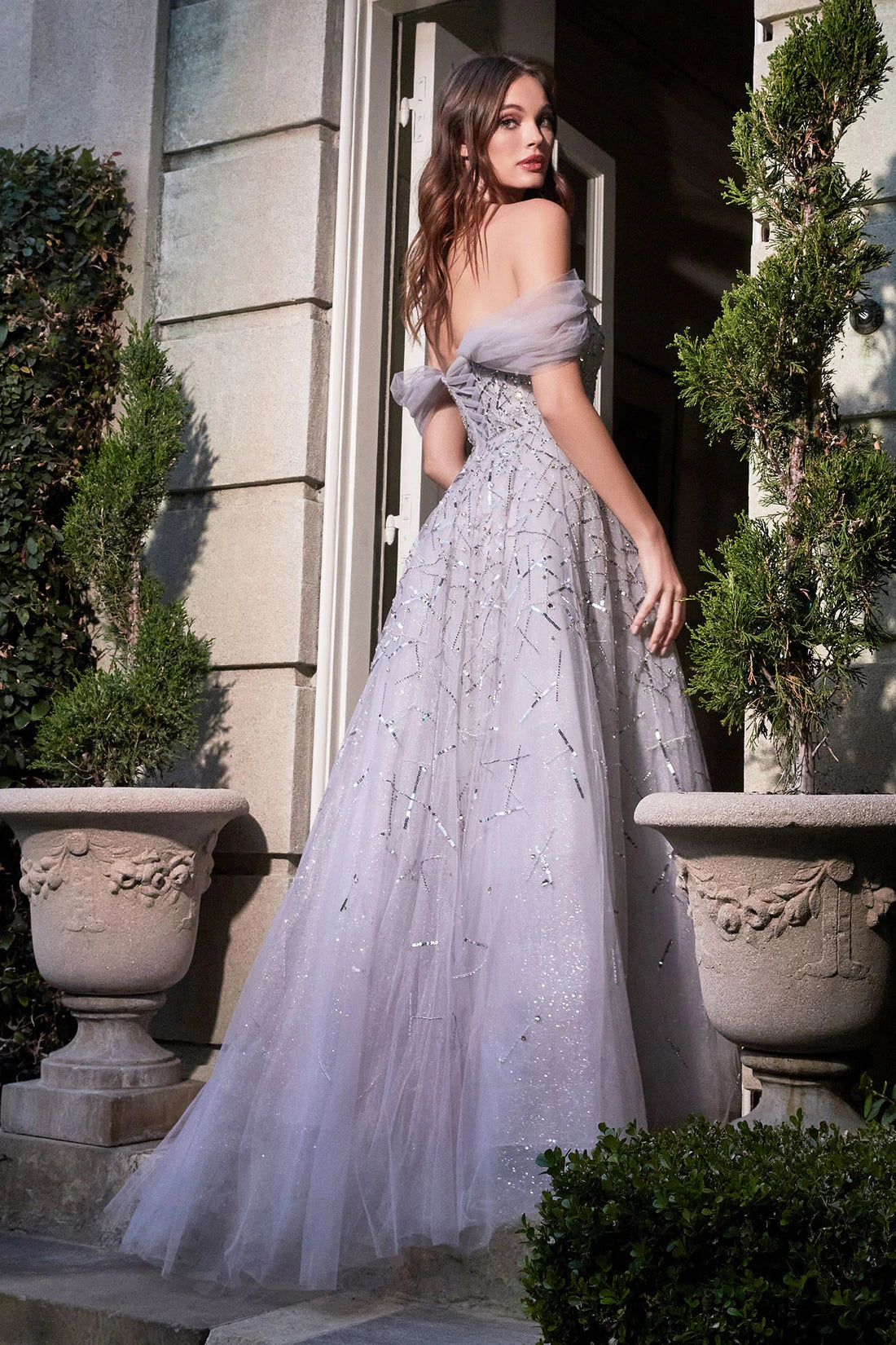 Andrea & Leo B713 Silver Prom Dress Long Shimmer A Line off the Shoulder  Beaded Cinderella Divine