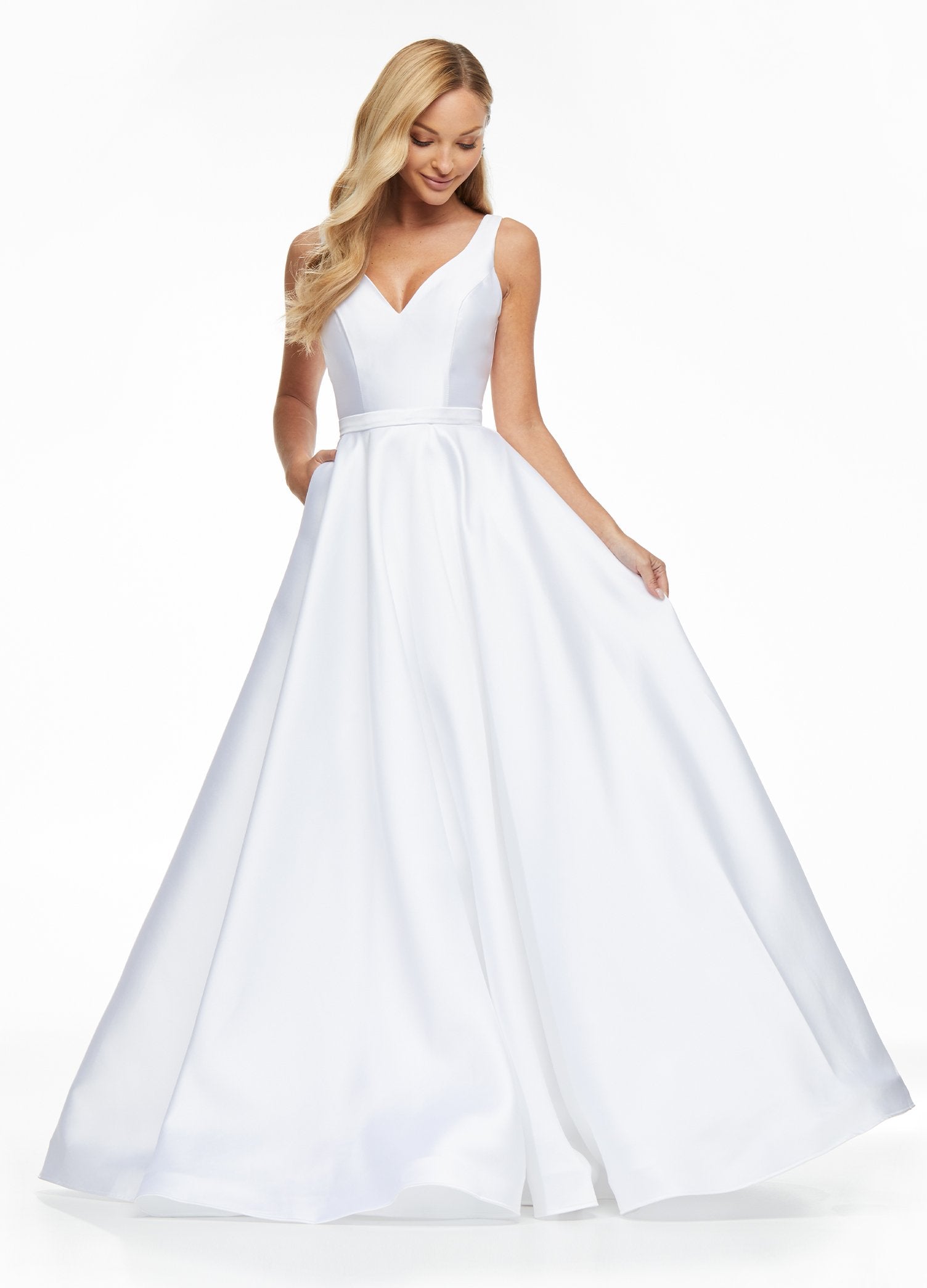 Ashley Lauren 11094 Size 12 White Prom Dress A line Mikado Satin V Neckline Wide Straps