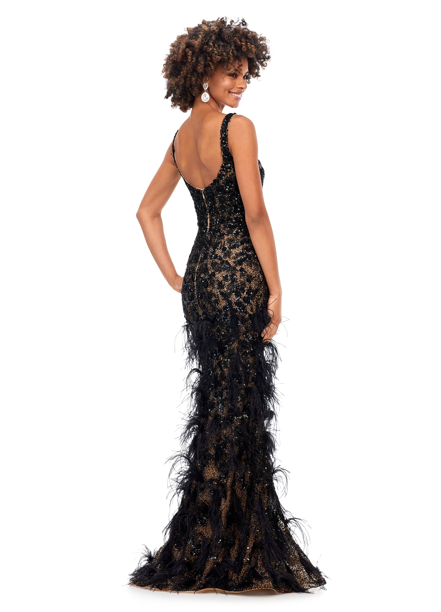 Black evening shop gown with feathers