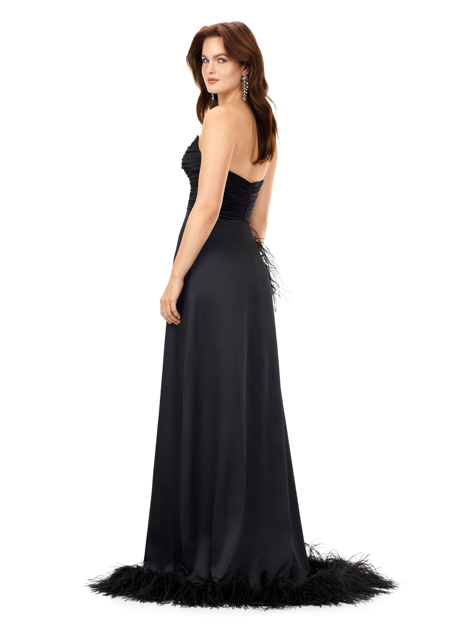 Ashley Lauren 11313 Strapless Ruched Satin Gown with Feathers