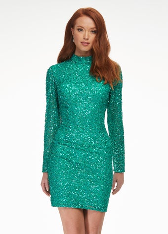 Ashley Lauren 4252 Size 12 Jade Cocktail Dress long sleeve short sequi Glass Slipper Formals