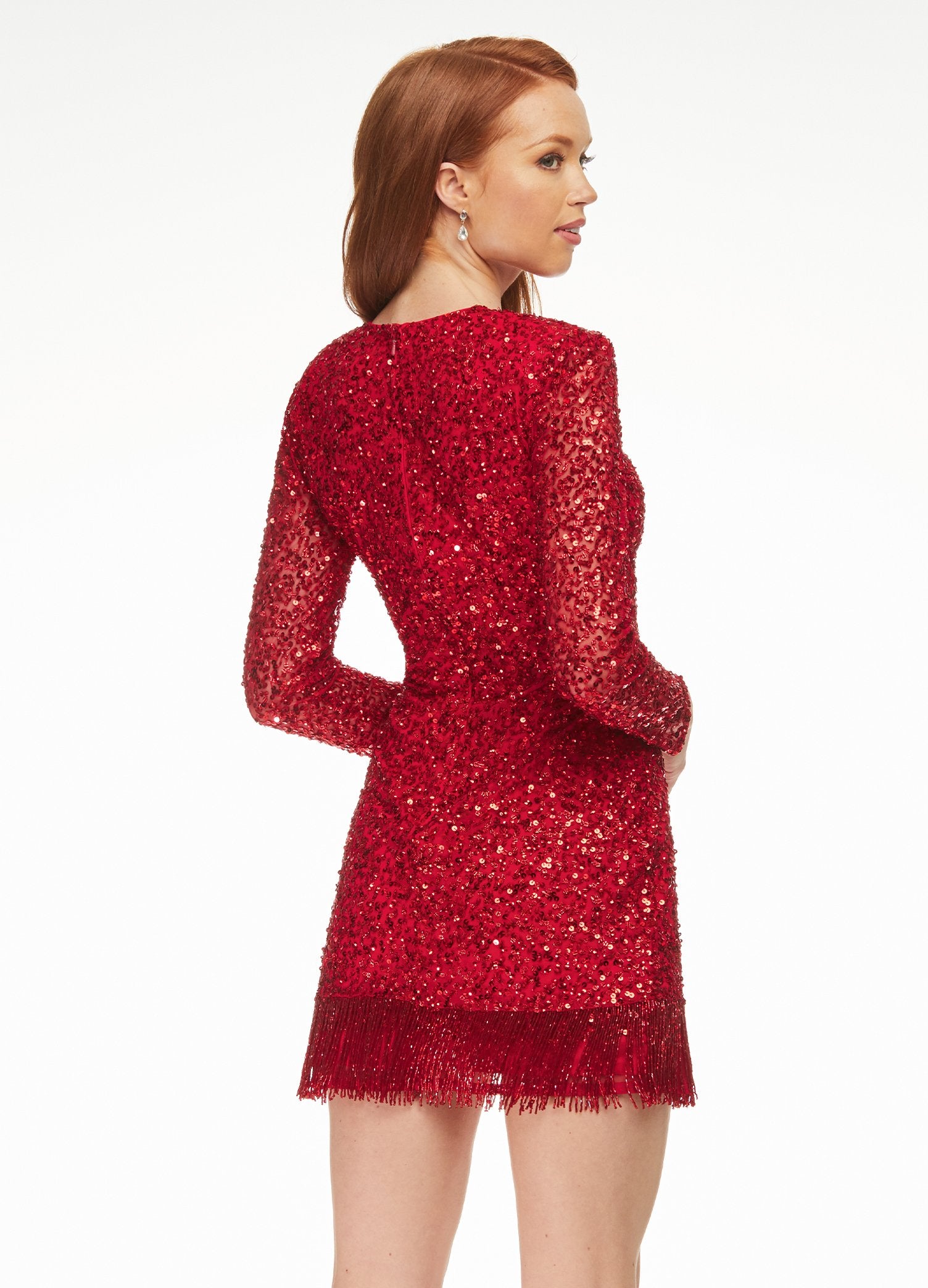 Ashley Lauren 4438 Fuchsia Size 2 10 Cocktail Dress Long Sleeves Fringe trim on hem and slit